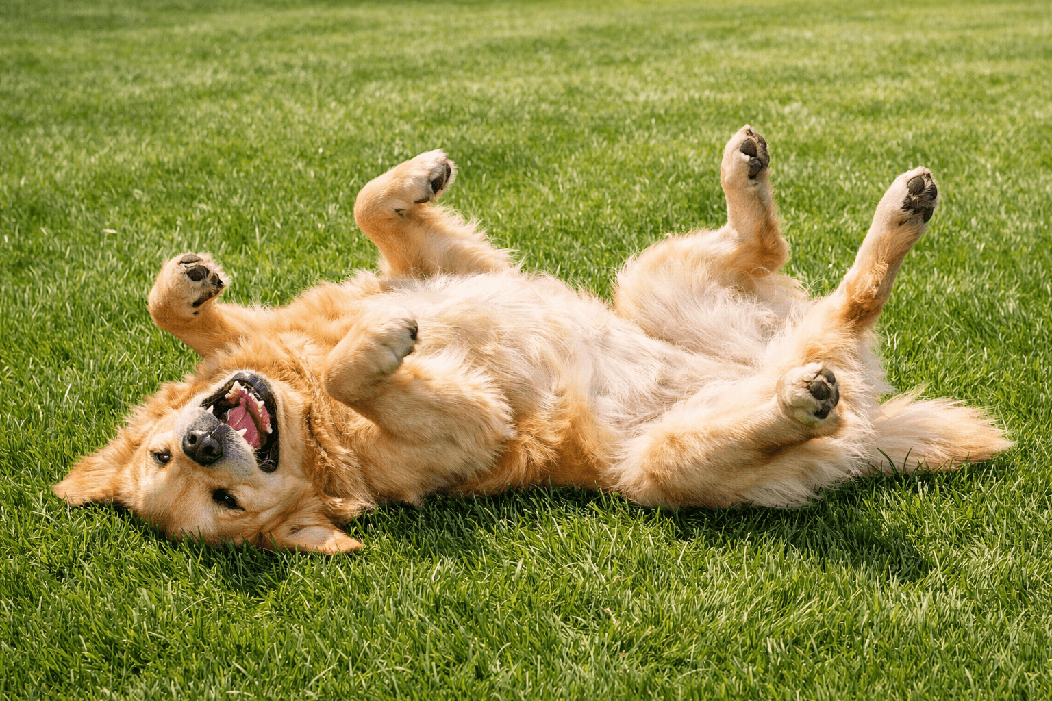 A happy golden retriever lies on its back with paws in the air, mouth open and tongue out, on a bright green grassy lawn.