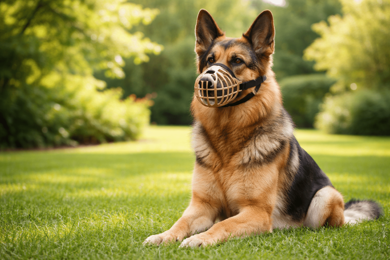 German Shepherd wearing comfortable basket muzzle with relaxed body language during successful muzzle training for dogs