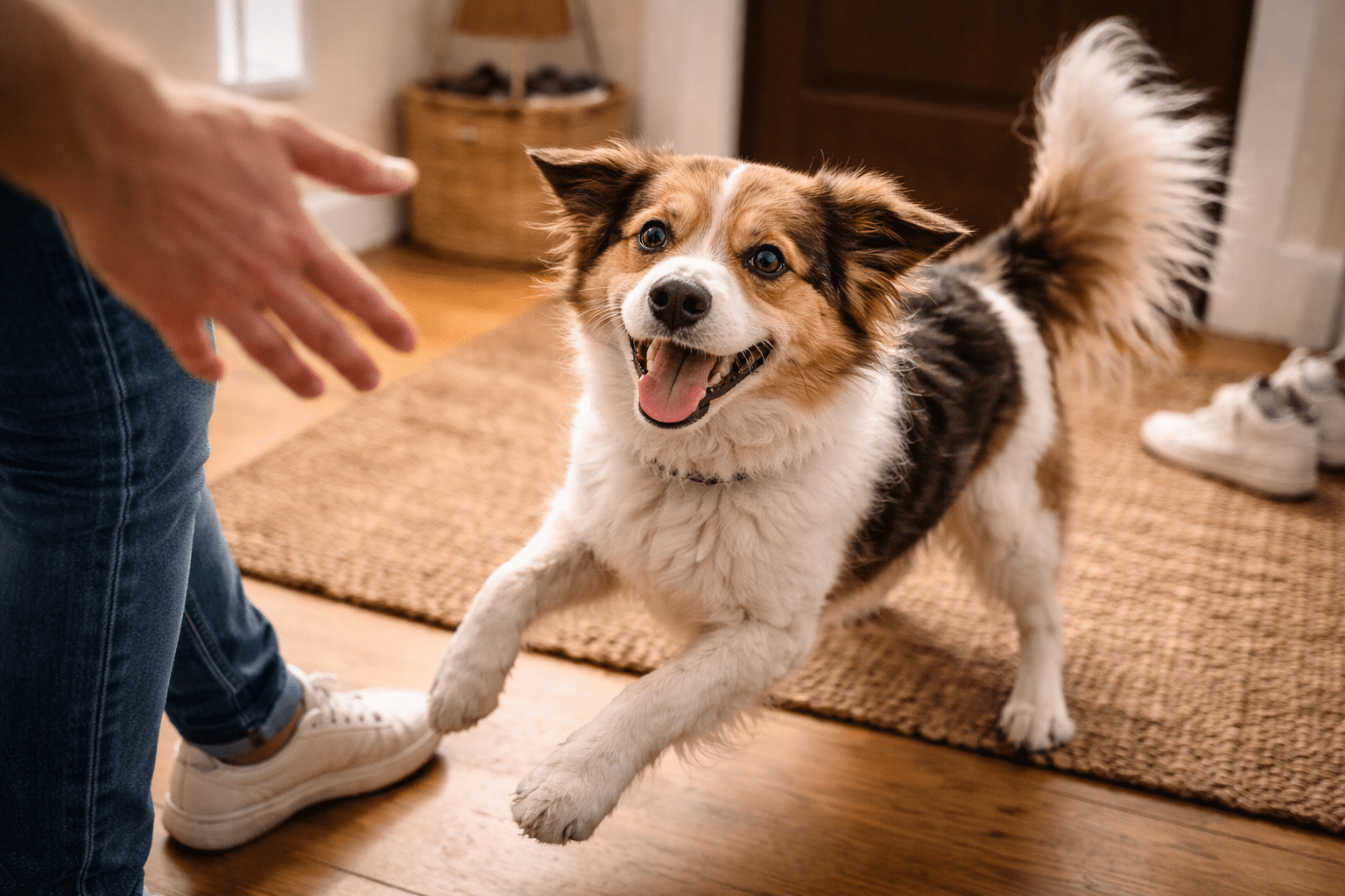 Why Do Dogs Shake? Understanding Your Dog's Body Language 3 A happy, fluffy dog with a wagging tail greets a person reaching out their hand. The dog stands on a woven mat in a cozy, sunlit room with shoes and a basket visible in the background.