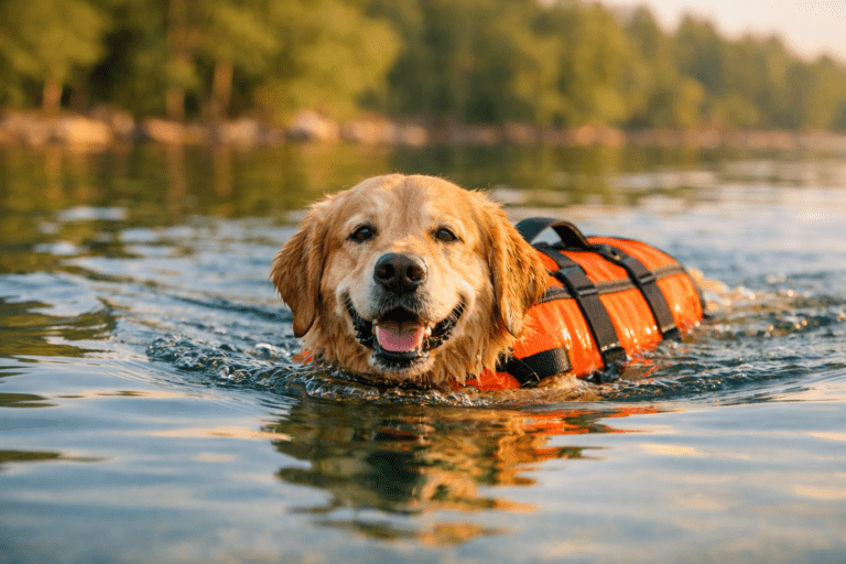 how to teach a dog to swim. Golden Retriever swimming happily in calm lake water with life jacket during dog swim training session