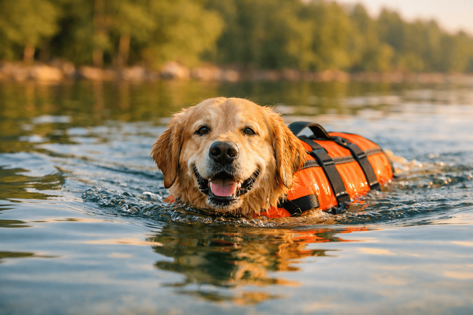 how to teach a dog to swim. Golden Retriever swimming happily in calm lake water with life jacket during dog swim training session