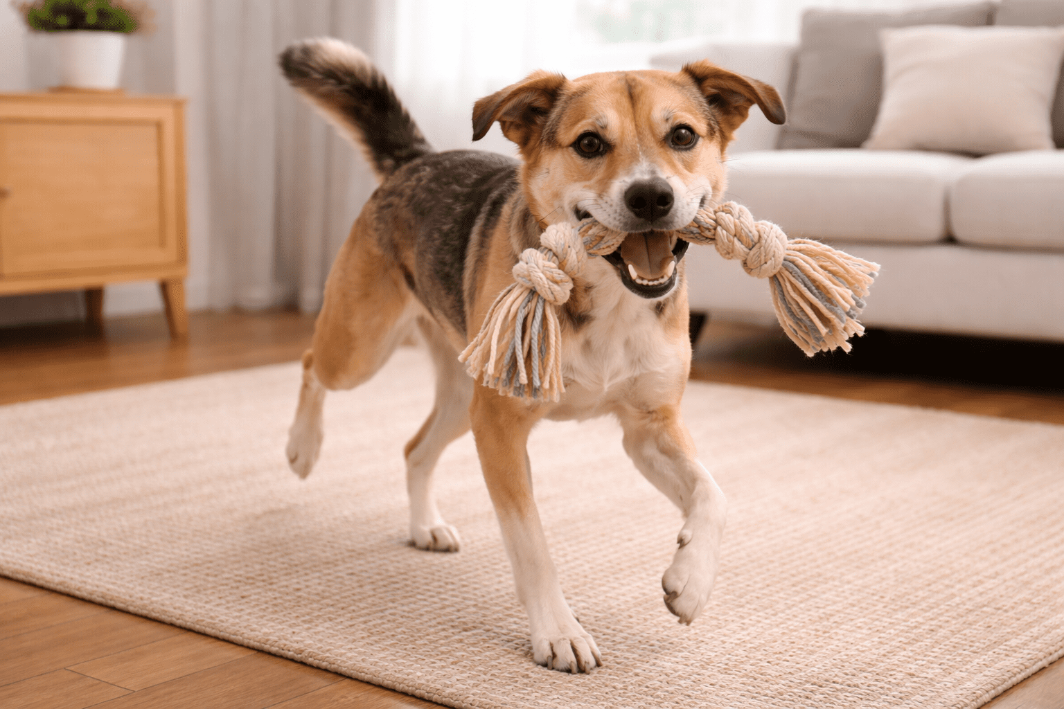 Rescue Dog Adjusting to New Home: Timeline, Tips & What to Expect 4 A happy dog with brown, black, and white fur is walking on a beige rug in a living room, holding a rope toy in its mouth. The room has a light sofa, wooden floor, and a cabinet in the background.