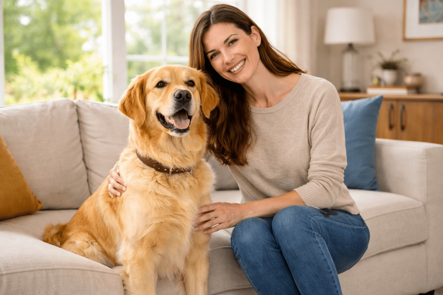 Why Do Dogs Sniff Your Crotch? Understanding Canine Behavior 5 A smiling woman sits on a beige sofa indoors, gently petting a happy golden retriever sitting beside her. Sunlight streams through a window in the background, creating a warm and cozy atmosphere.
