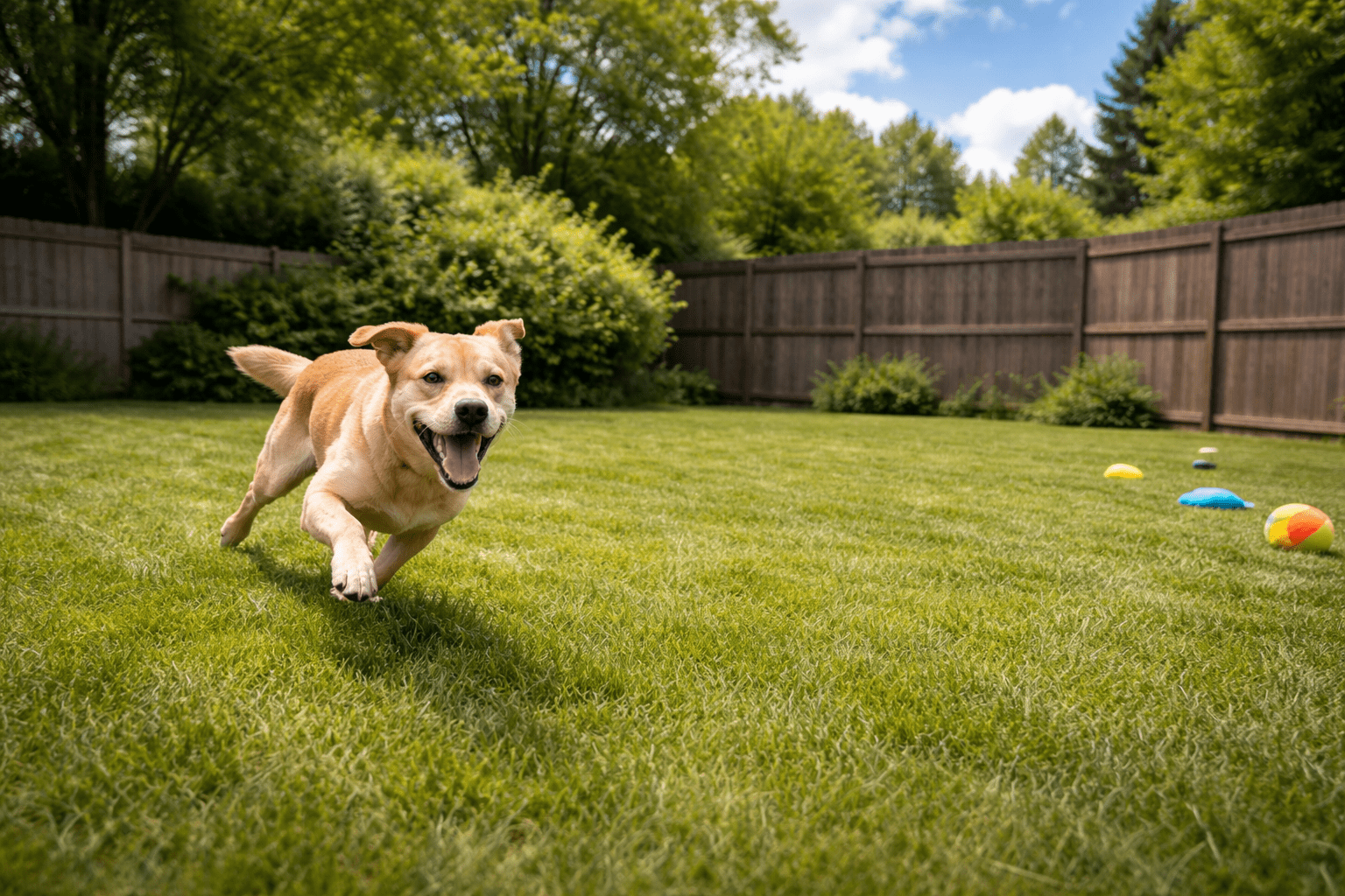 Why Do Dogs Get the Zoomies? Understanding Your Dog's Wild Energy Bursts 4 A happy dog runs across a grassy backyard, mouth open and tongue out, with colorful toys scattered on the lawn. Trees and a wooden fence surround the yard under a bright blue sky.