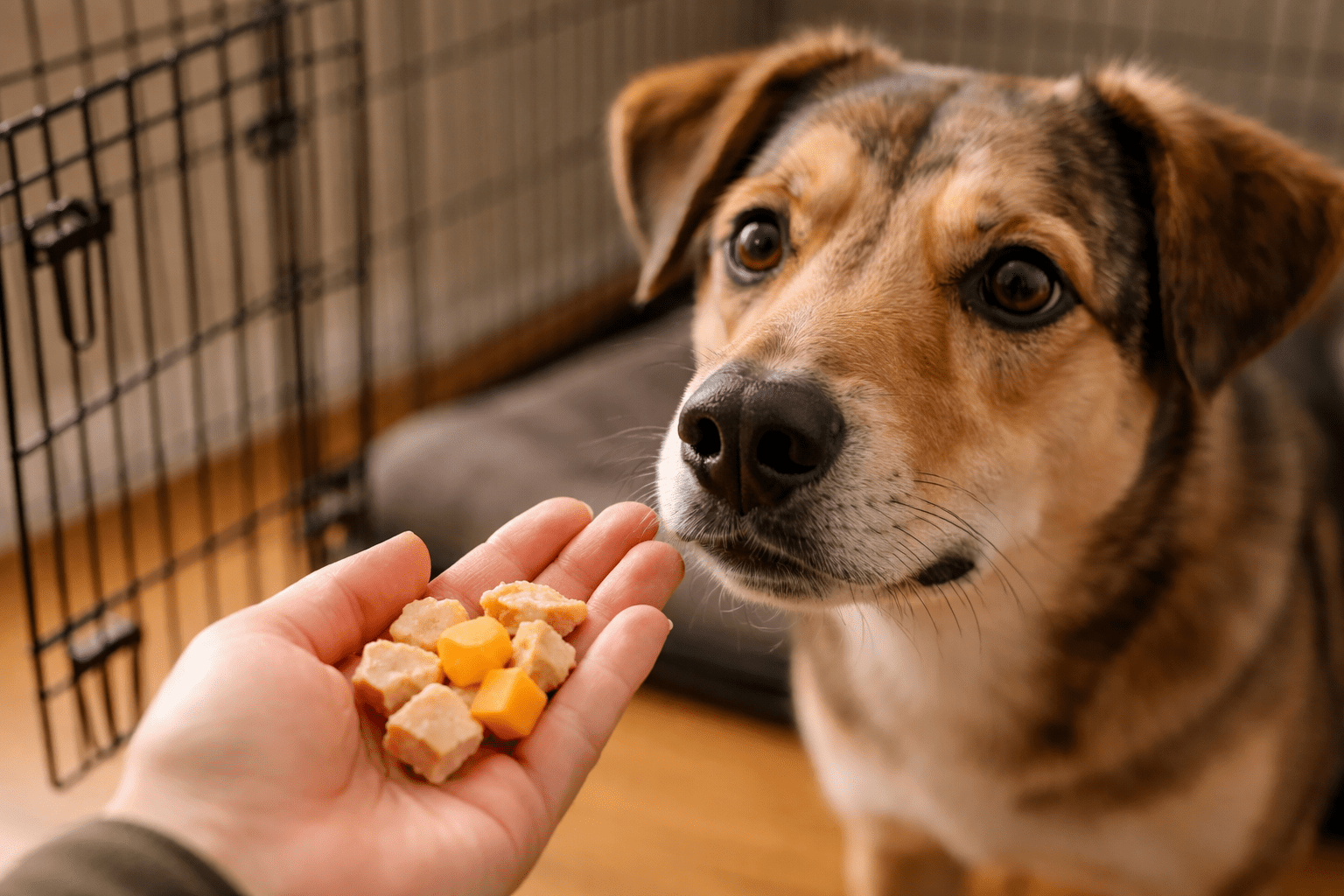 How to Crate Train a Rescue Dog 3 A brown and black dog looks intently at a person's hand holding small cubes of dog treats and cheese, with a crate and dog bed in the background.
