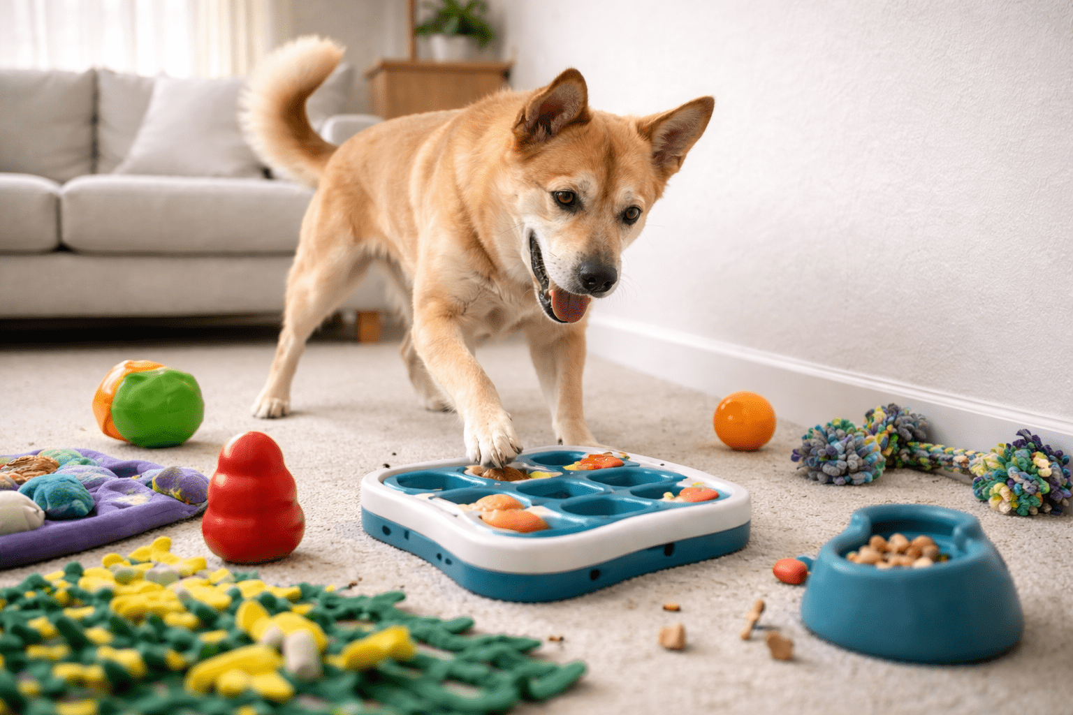 Why Do Dogs Stare at Walls? Understanding This Unusual Behavior 5 Happy dog engaged in mental stimulation activities and puzzle toys