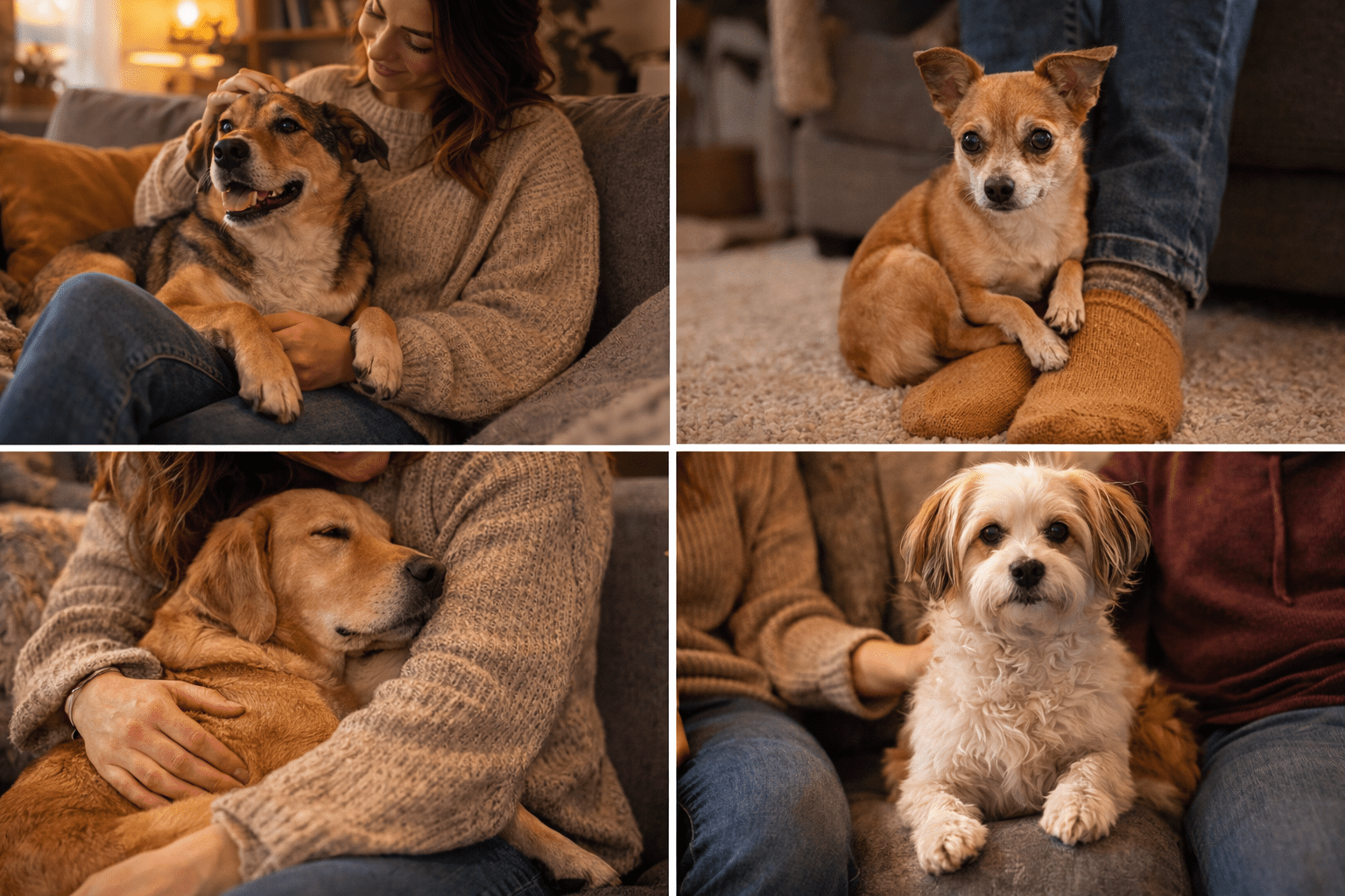 Why Does My Dog Sit On Me? Understanding Your Dog's Behavior 2 A collage of four photos showing a woman sitting on a couch, cuddling or petting different dogs, each relaxed and enjoying her company. The cozy indoor setting highlights their bond.