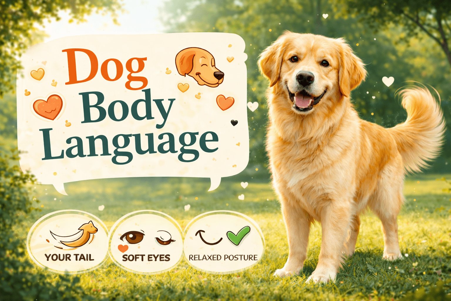 dog body language. A happy golden retriever stands on grass in sunlight. Text reads "Dog Body Language." Icons below show a wagging tail, soft eyes, and relaxed posture as signs of a content dog.
