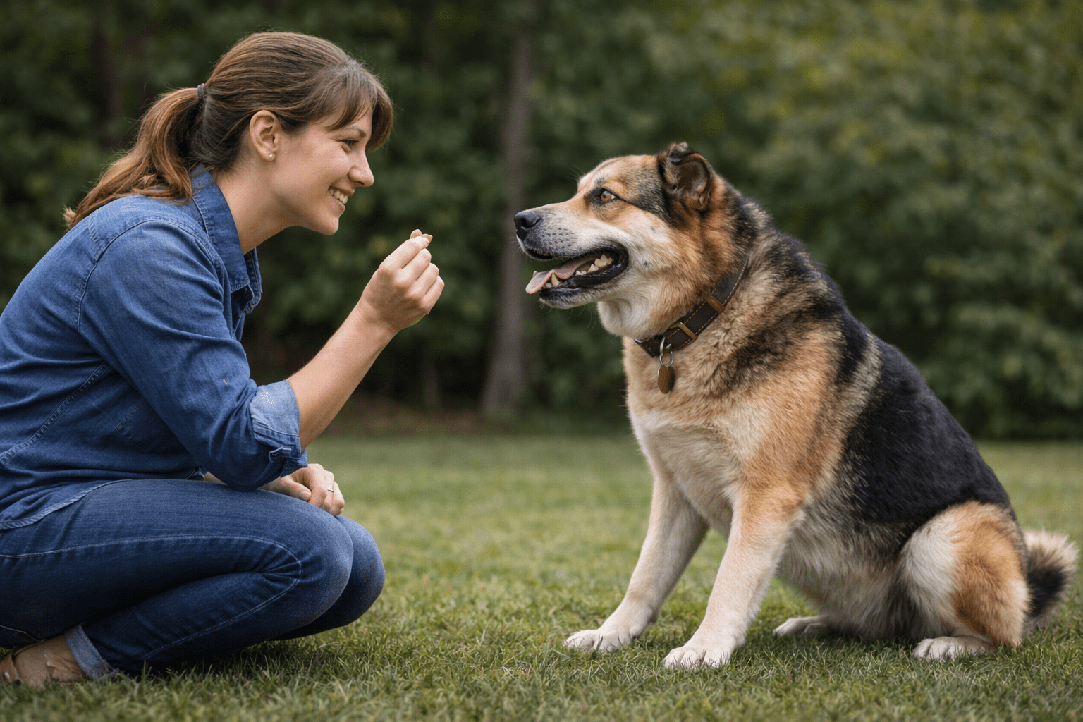 Why Do Dogs Growl? Understanding Your Dog's Communication 3 A woman kneeling on grass holds a treat and smiles at a large, attentive dog sitting in front of her outdoors, with trees in the background.