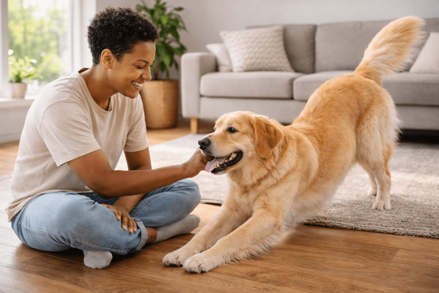 Why Do Dogs Stretch? Understanding Your Dog's Body Language 5 A person sits on a wooden floor, smiling and petting a playful golden retriever who is stretching with its front legs down and tail up in a cozy living room.