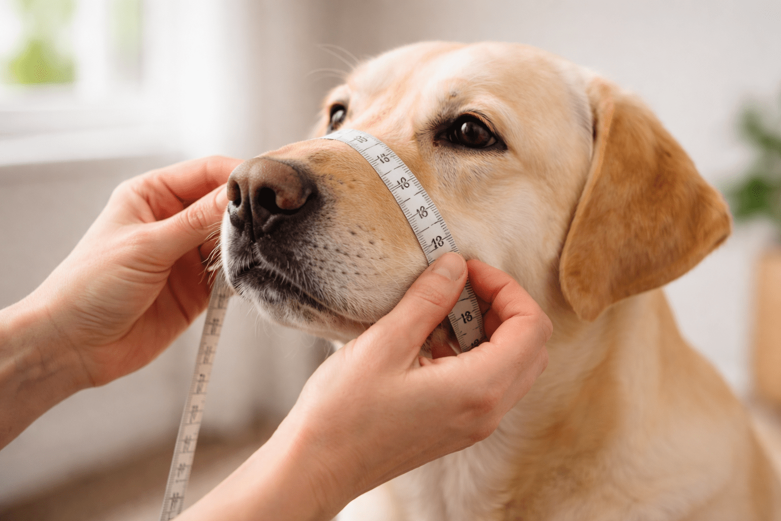 Muzzle Training for Dogs: A Complete Guide for Safety and Success 3 Dog owner using measuring tape on Labrador's snout to determine correct muzzle size for proper fit during training
