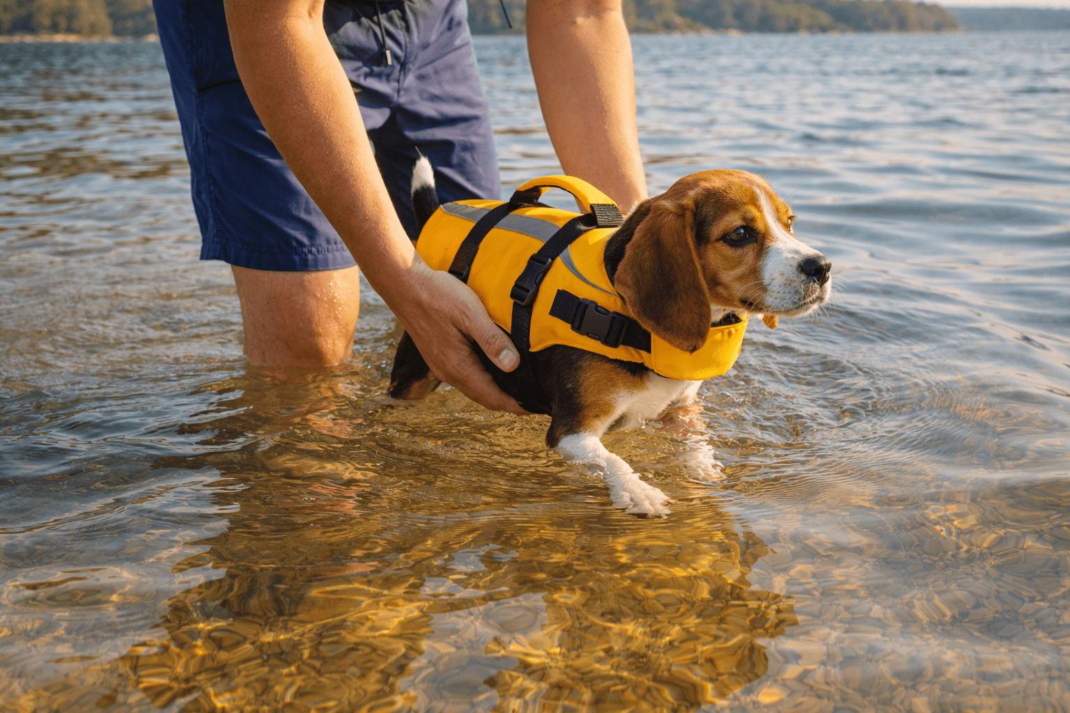 How to Teach a Dog to Swim: Complete Training Guide 3 Dog owner in shallow water gently teaching puppy how to swim using positive reinforcement methods