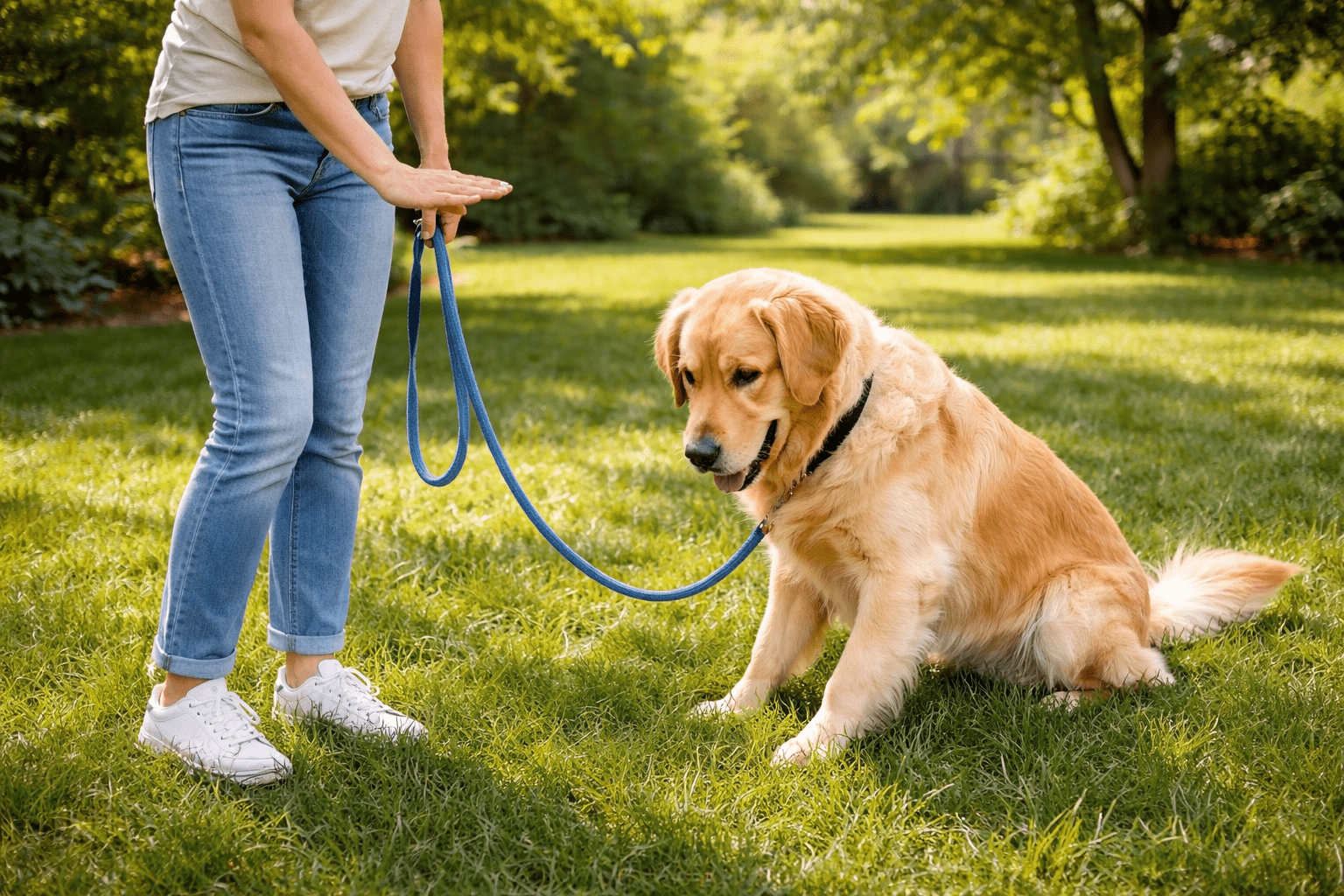 Why Do Dogs Roll in the Grass? Understanding Your Dog's Natural Behavior 4 A person in jeans and white sneakers is training a golden retriever to sit on grass in a sunny park, holding a blue leash and giving a hand signal.