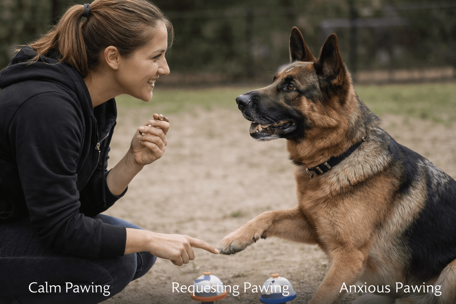 Why Do Dogs Put Their Paw on You? Understanding This Common Behavior 5 A woman kneels outdoors, smiling and holding treats, while a German Shepherd places its paw in her hand. Text labels the dog's pawing as "Calm Pawing," "Requesting Pawing," and "Anxious Pawing.