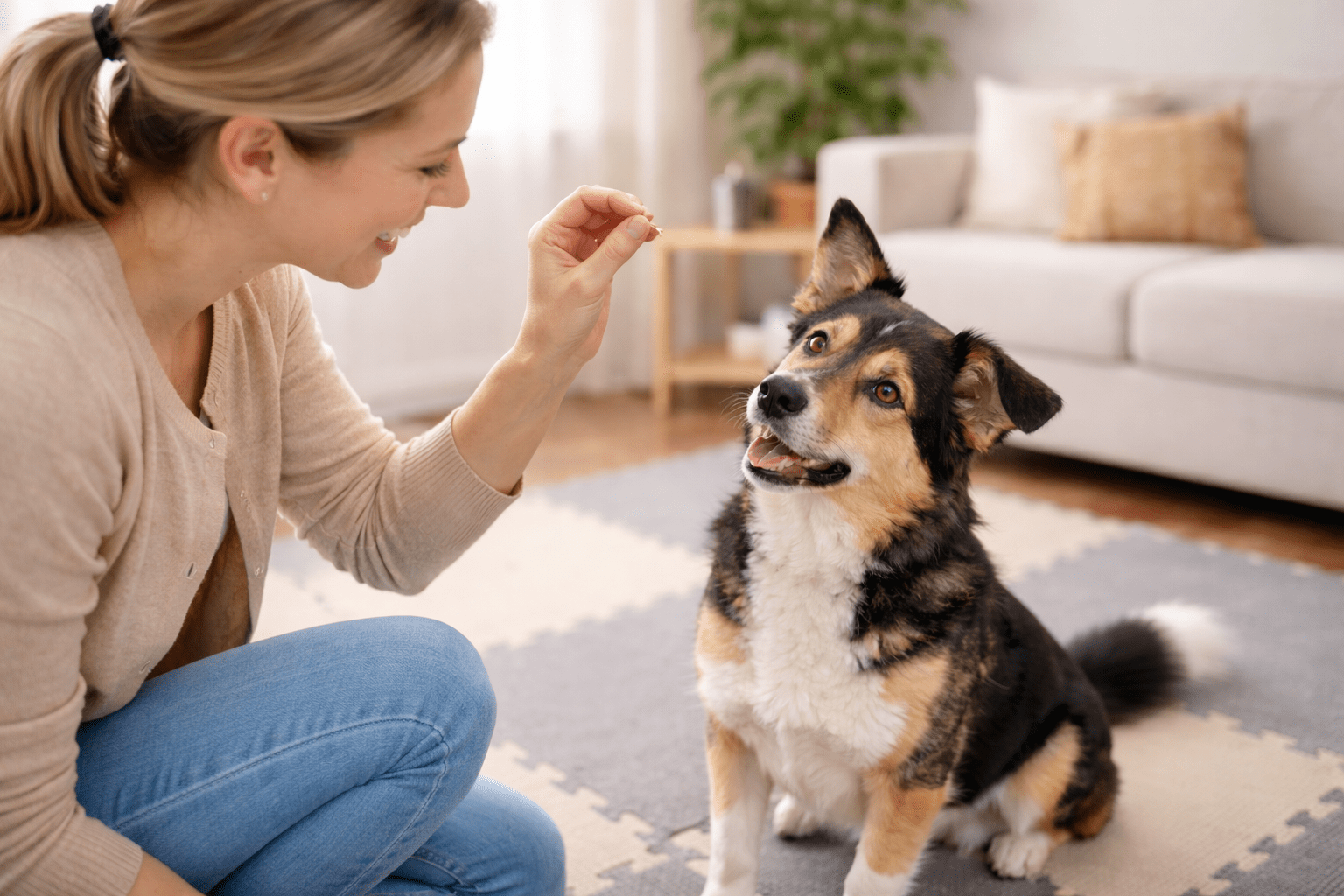 Why Do Dogs Tilt Their Heads: Understanding This Adorable Behavior 5 A woman kneels on the floor and holds a treat above a happy, attentive dog sitting indoors, likely training or rewarding it in a cozy living room.