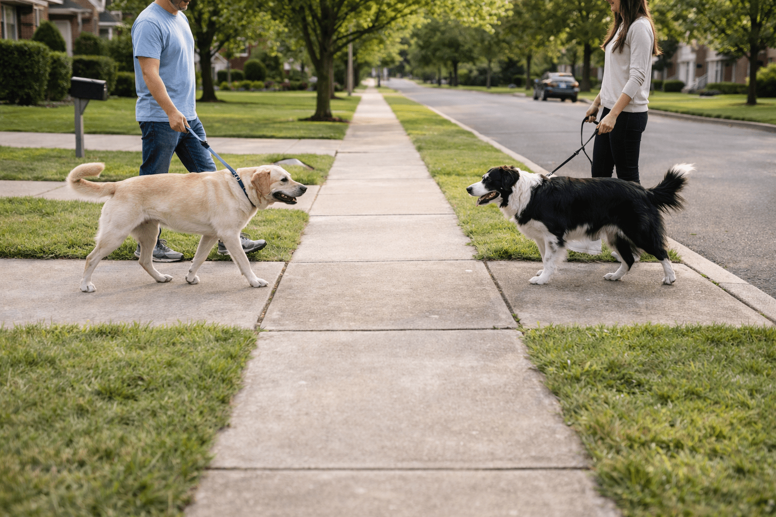 How to Introduce Dogs to Each Other: Complete Safety Guide 1 Two dog owners walking their dogs in parallel formation on opposite sides of a path