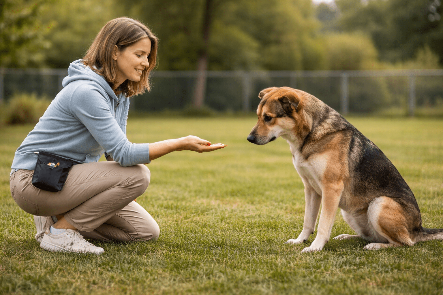 How to Help a Fearful Dog Gain Confidence 2 A woman kneels on grass, holding out a treat to a German Shepherd mix dog sitting attentively in front of her in a park, suggesting a training session. Trees and a fence are visible in the background.