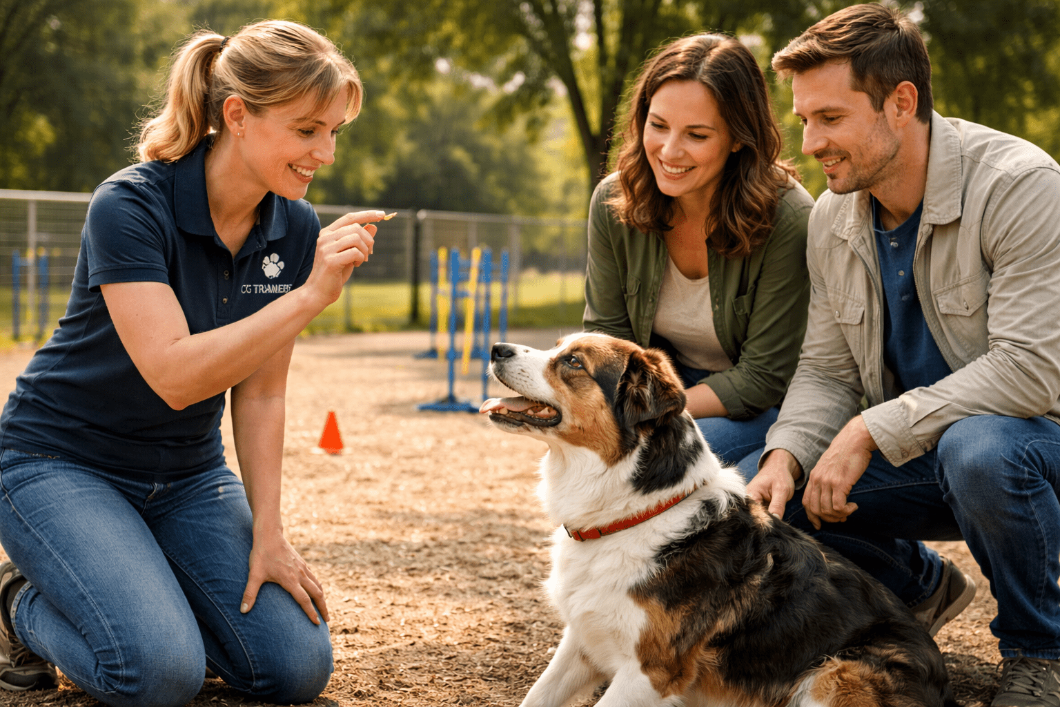 20 Common Dog Behavior Issues: Causes and How to Fix Them 4 A dog trainer kneels and holds a treat, teaching a happy dog as a smiling man and woman watch. They are outdoors on a sunny day, with agility equipment in the background.