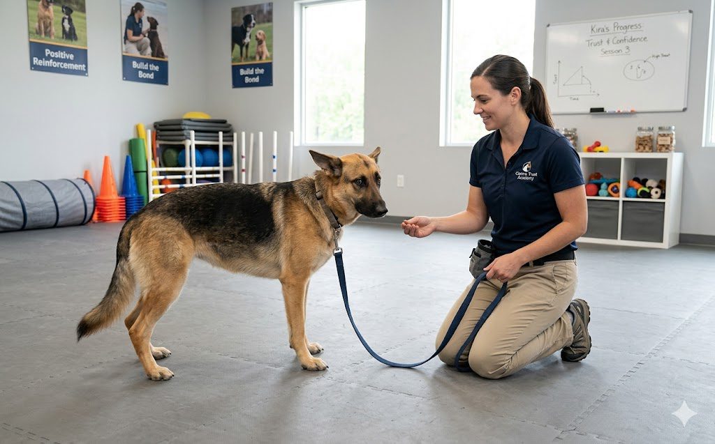 How to Help a Fearful Dog Gain Confidence 4 A woman kneels on the floor, holding a treat and interacting with a German Shepherd on a leash in a training room with equipment, posters, and a whiteboard in the background.