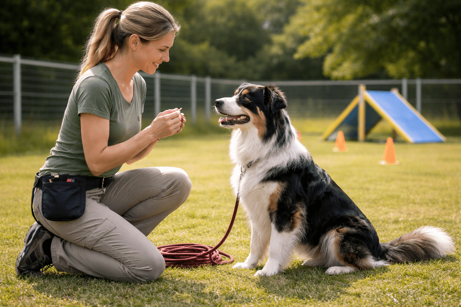 Barrier Aggression in Dogs: Causes, Triggers, and How to Fix It 4 A woman kneels on grass, smiling at a large black, white, and brown dog on a leash. They are in an outdoor training area with agility equipment and orange cones in the background.