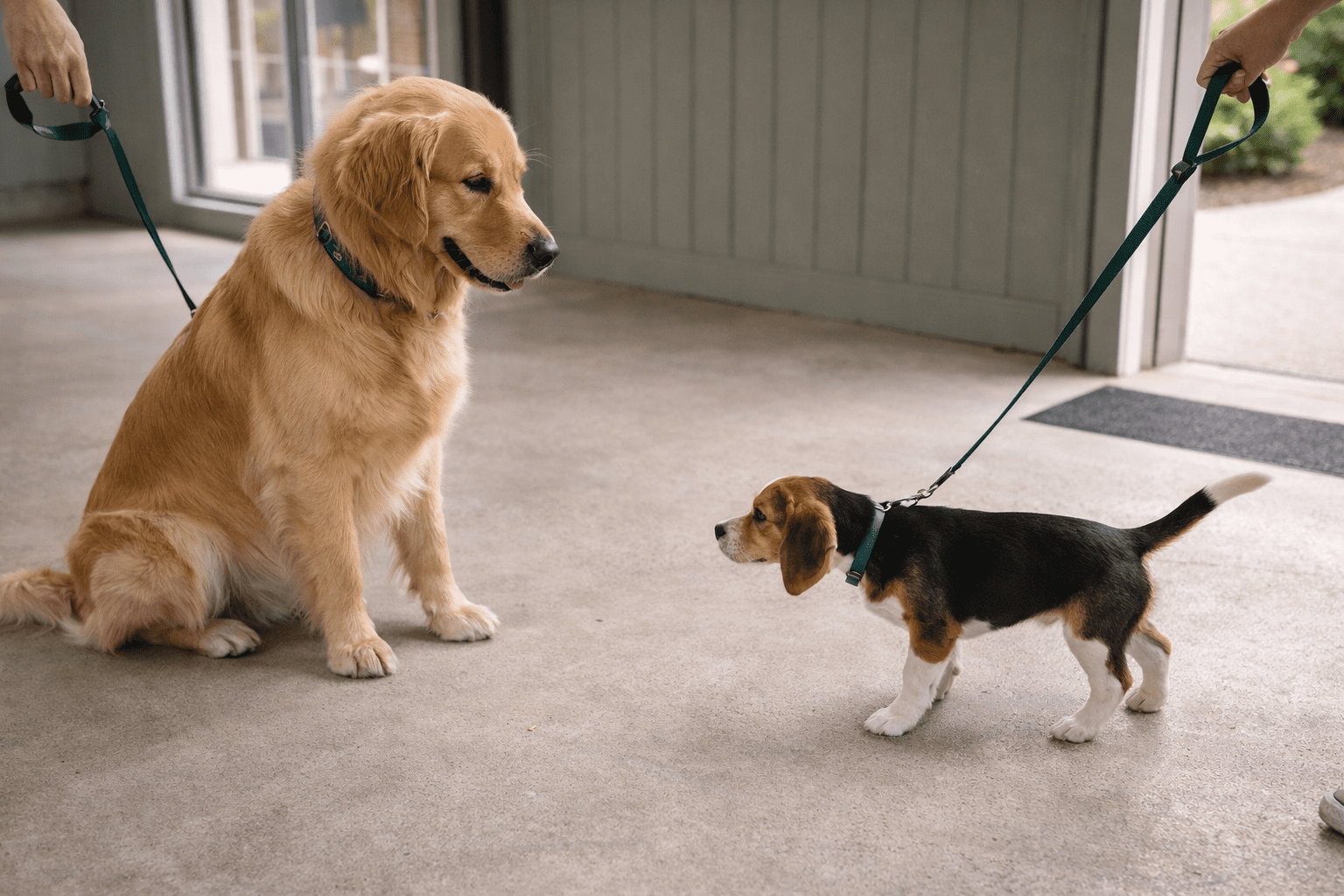 How to Introduce Dogs to Each Other: Complete Safety Guide 4 Adult dog and puppy meeting under supervision with handler present in controlled environment