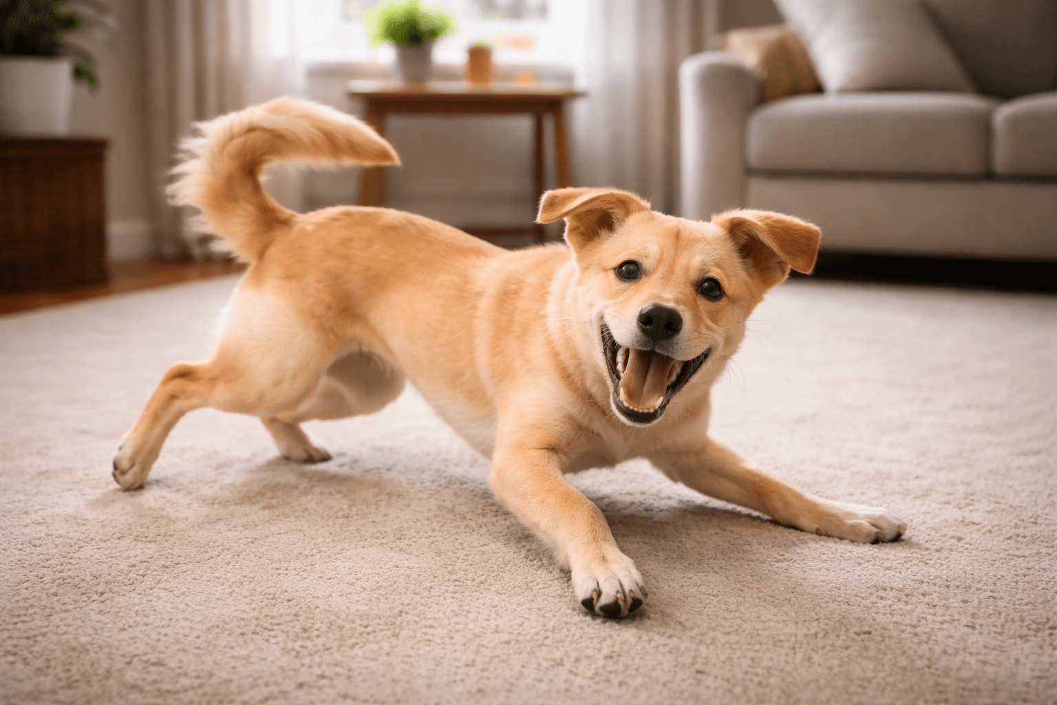 Why Do Dogs Get the Zoomies? Understanding Your Dog's Wild Energy Bursts 1 A playful tan dog with a fluffy tail stretches on a beige carpet in a cozy living room, looking happy with its mouth open and ears perked up. There's a sofa and a small table with plants in the background.