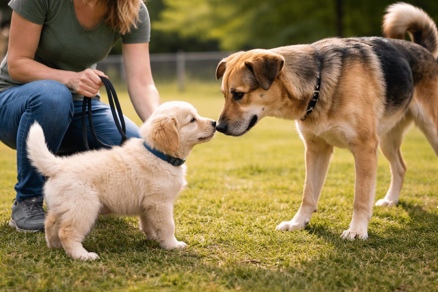 Barrier Aggression in Dogs: Causes, Triggers, and How to Fix It 5 A woman kneels on grass holding a leash attached to a fluffy golden retriever puppy, who is nose-to-nose with a larger brown and black dog. Both dogs appear curious and friendly outdoors.