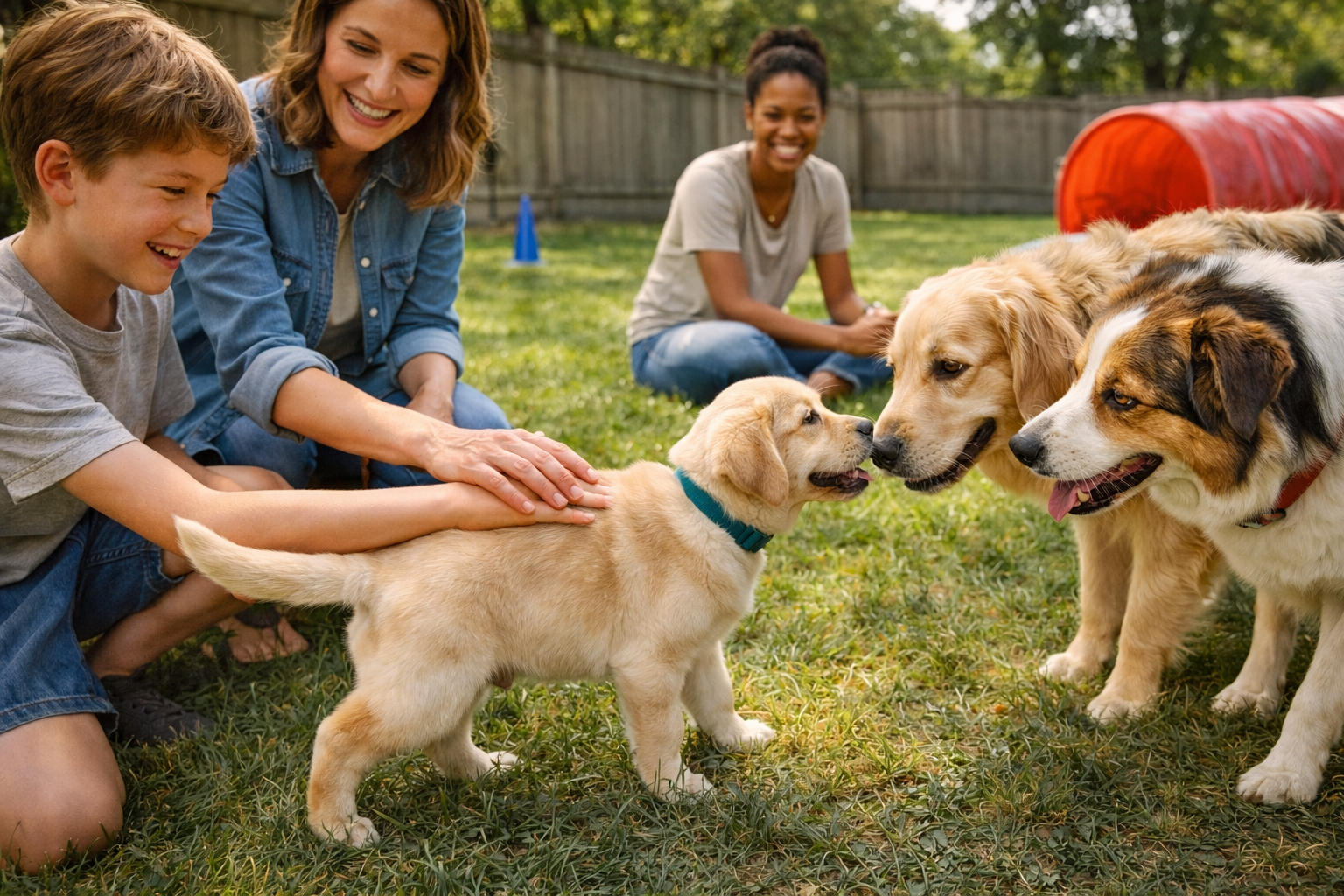 20 Common Dog Behavior Issues: Causes and How to Fix Them 5 A boy and woman smile while petting a yellow Labrador puppy that is greeting two adult dogs in a grassy backyard, with another woman watching in the background.