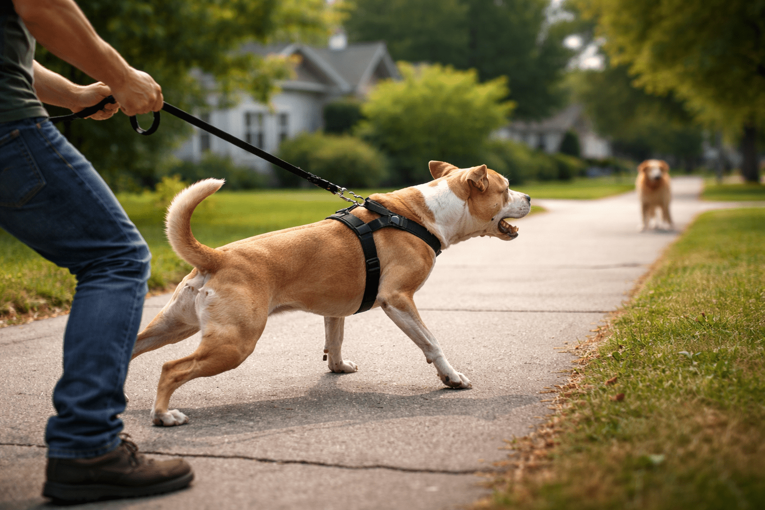 Barrier Aggression in Dogs: Causes, Triggers, and How to Fix It 1 A person holds the leash of a tan and white dog pulling excitedly toward another dog on a suburban sidewalk lined with grass and trees on a sunny day.
