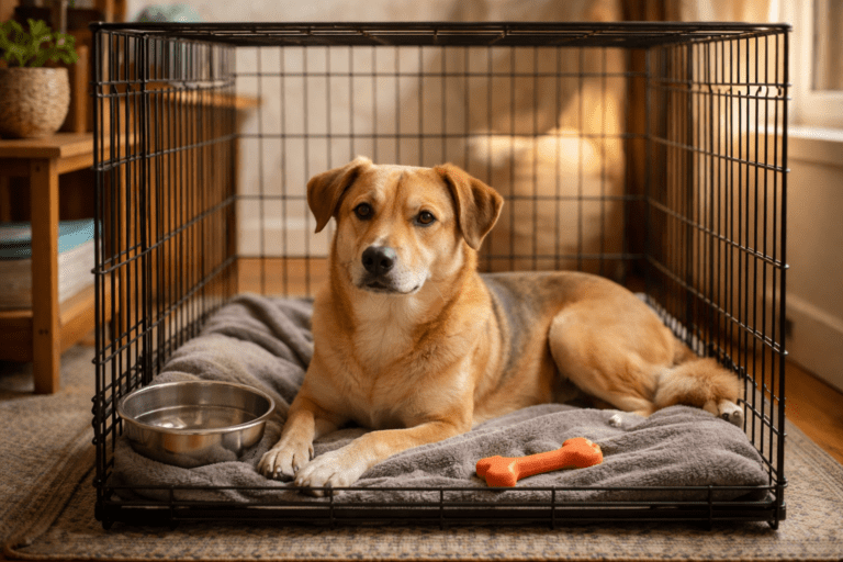 Showing how to crate train a rescue dog. A tan and white dog lies on a gray blanket inside a wire crate, with a metal water bowl and orange bone toy nearby. The crate is in a cozy, sunlit room with plants and furniture visible in the background.