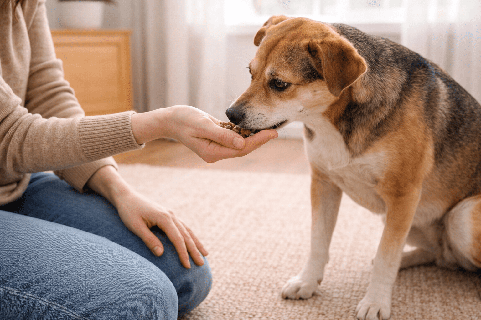 Rescue Dog Adjusting to New Home: Timeline, Tips & What to Expect 5 A person in a sweater and jeans is kneeling on carpet and feeding a brown and black dog from their hand indoors. The dog is attentively eating the food offered.