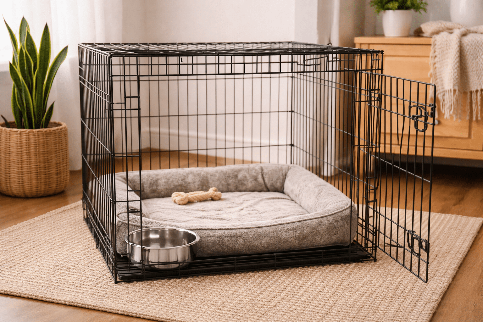 Rescue Dog Adjusting to New Home: Timeline, Tips & What to Expect 3 A black wire dog crate with an open door contains a gray plush bed, a bone-shaped chew toy, and a metal water bowl, placed on a woven rug in a cozy, sunlit room with plants and wooden furniture.