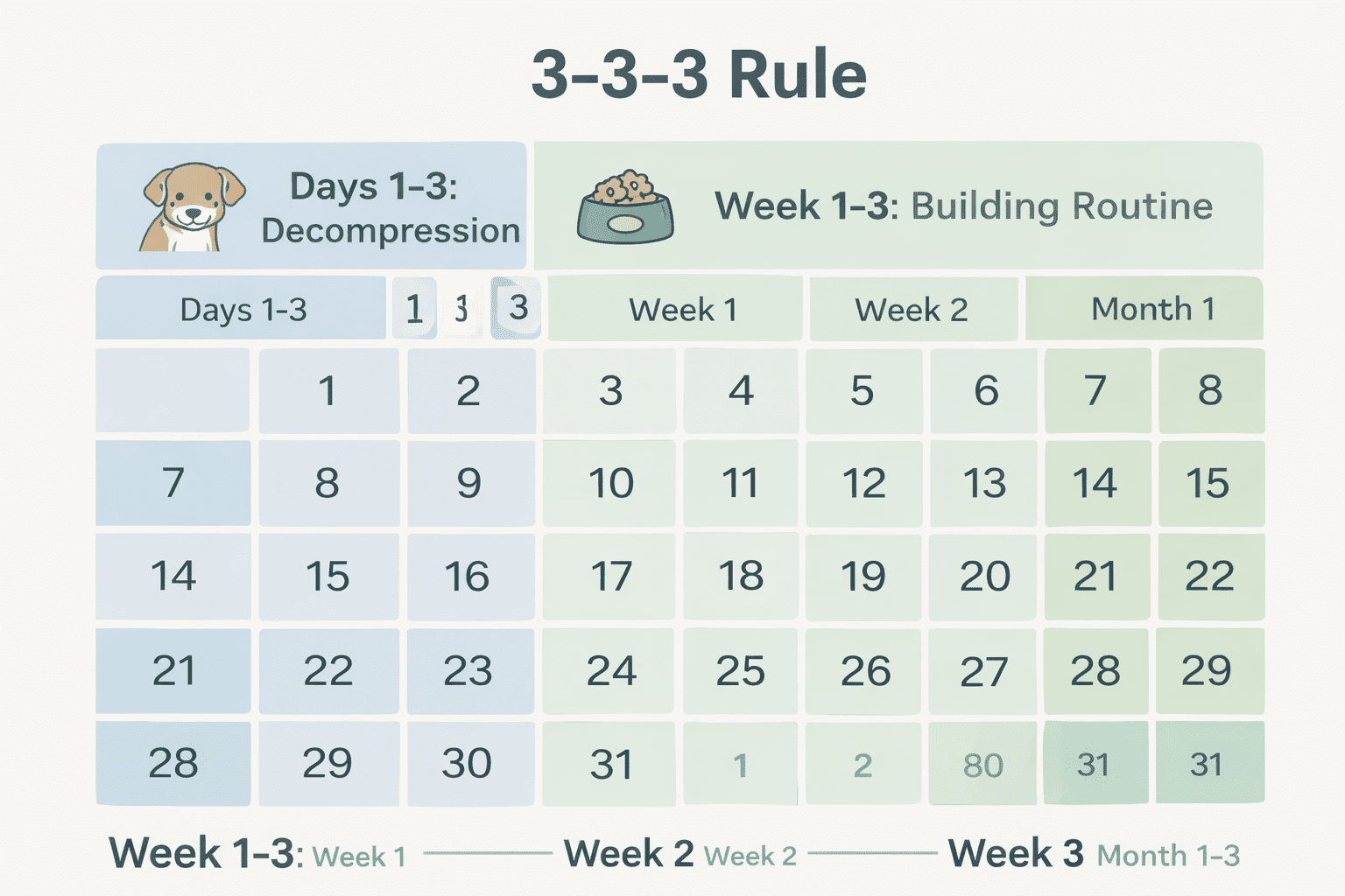 Rescue Dog Adjusting to New Home: Timeline, Tips & What to Expect 1 A calendar chart titled "3–3–3 Rule" for new dogs. Days 1–3 are marked for decompression, and weeks 1–3 for building routine. Week and month numbers are highlighted in different shades. Dog and food bowl icons included.