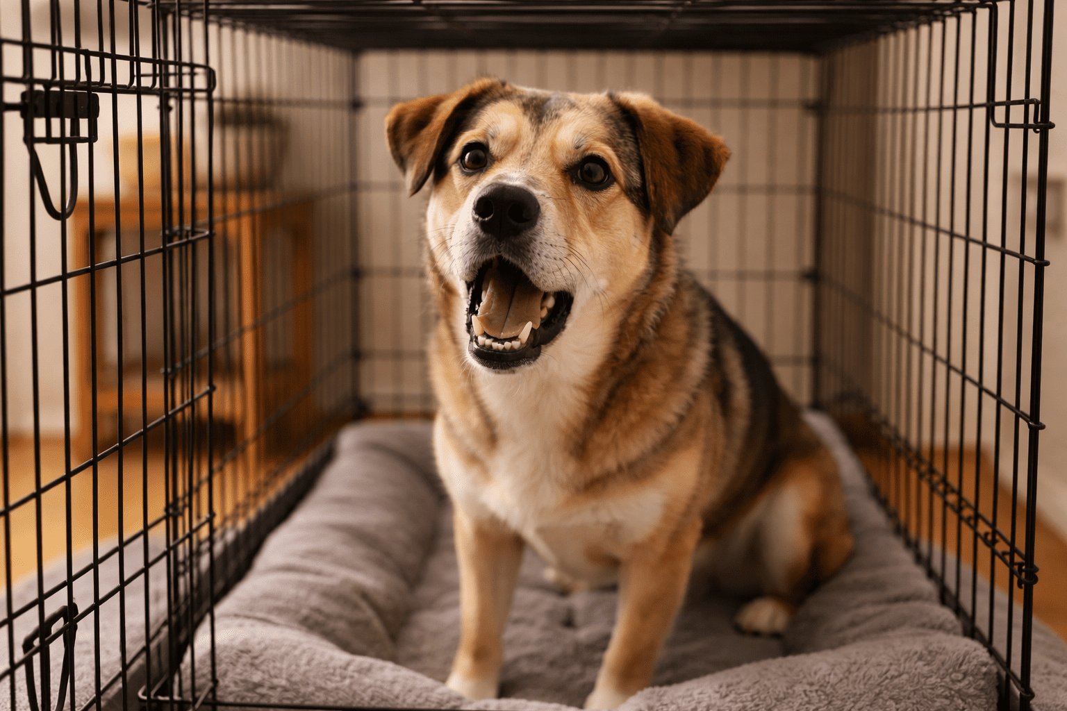 How to Crate Train a Rescue Dog 4 A happy brown and black dog with white markings sits inside a wire crate on a soft gray bed, looking up with its mouth open in a cozy indoor setting.