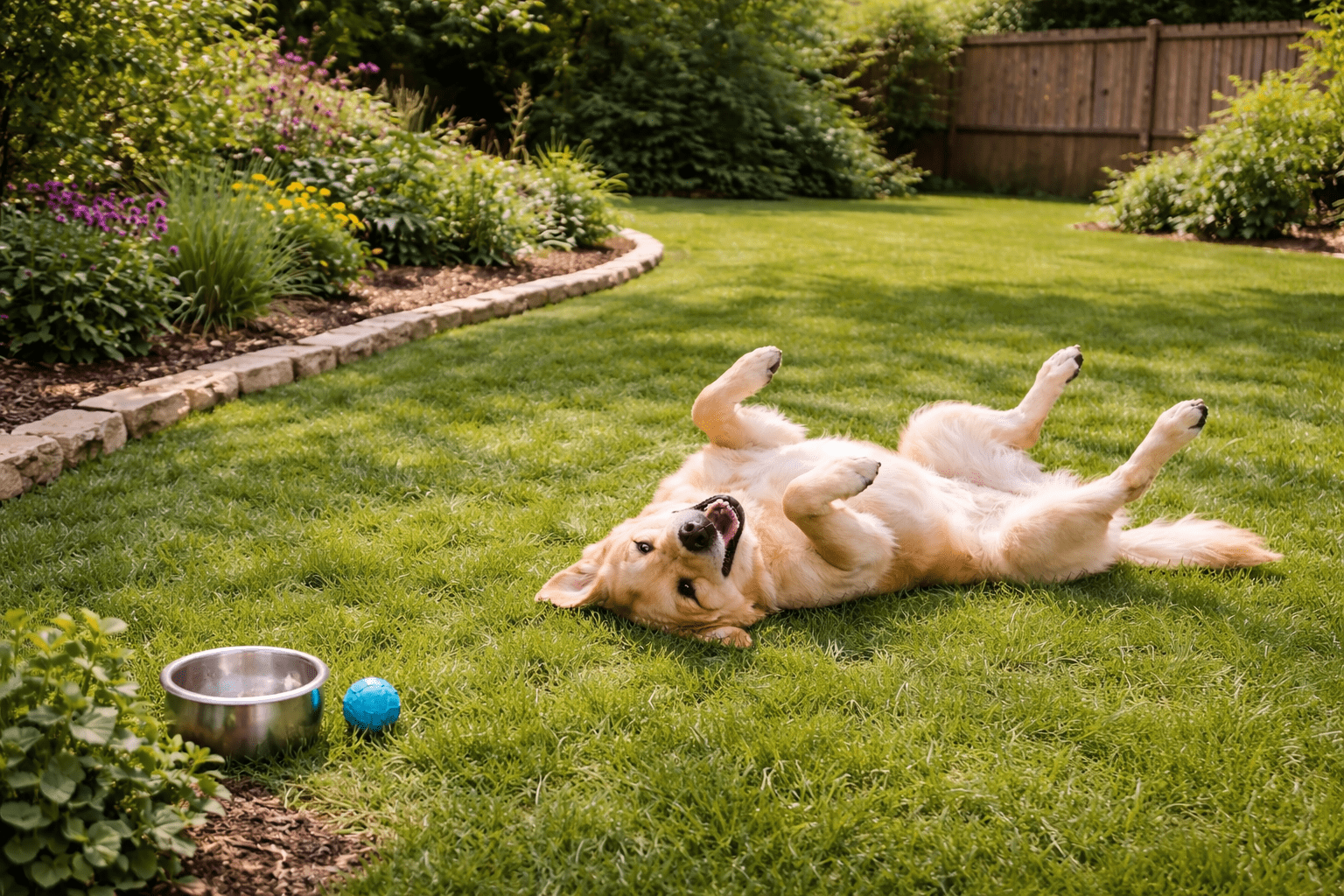 Why Do Dogs Roll in the Grass? Understanding Your Dog's Natural Behavior 5 A golden retriever lies on its back, playfully rolling in the grass of a sunny backyard. A blue ball and a metal water bowl are nearby, with garden beds and a wooden fence in the background.