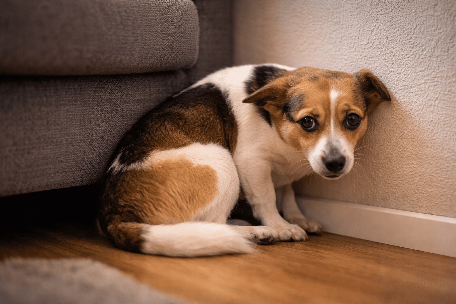 Why Do Dogs Shake? Understanding Your Dog's Body Language 2 A small, scared dog with brown, black, and white fur is crouched in a corner next to a couch, looking up with wide, worried eyes.