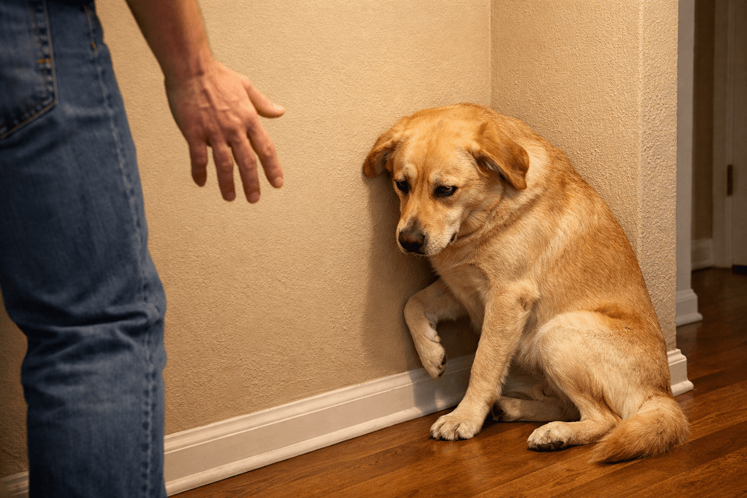 Fear Aggression in Dogs: What It Is and How to Help Your Anxious Dog 1 Anxious dog backed into corner showing fearful behavior as person approaches