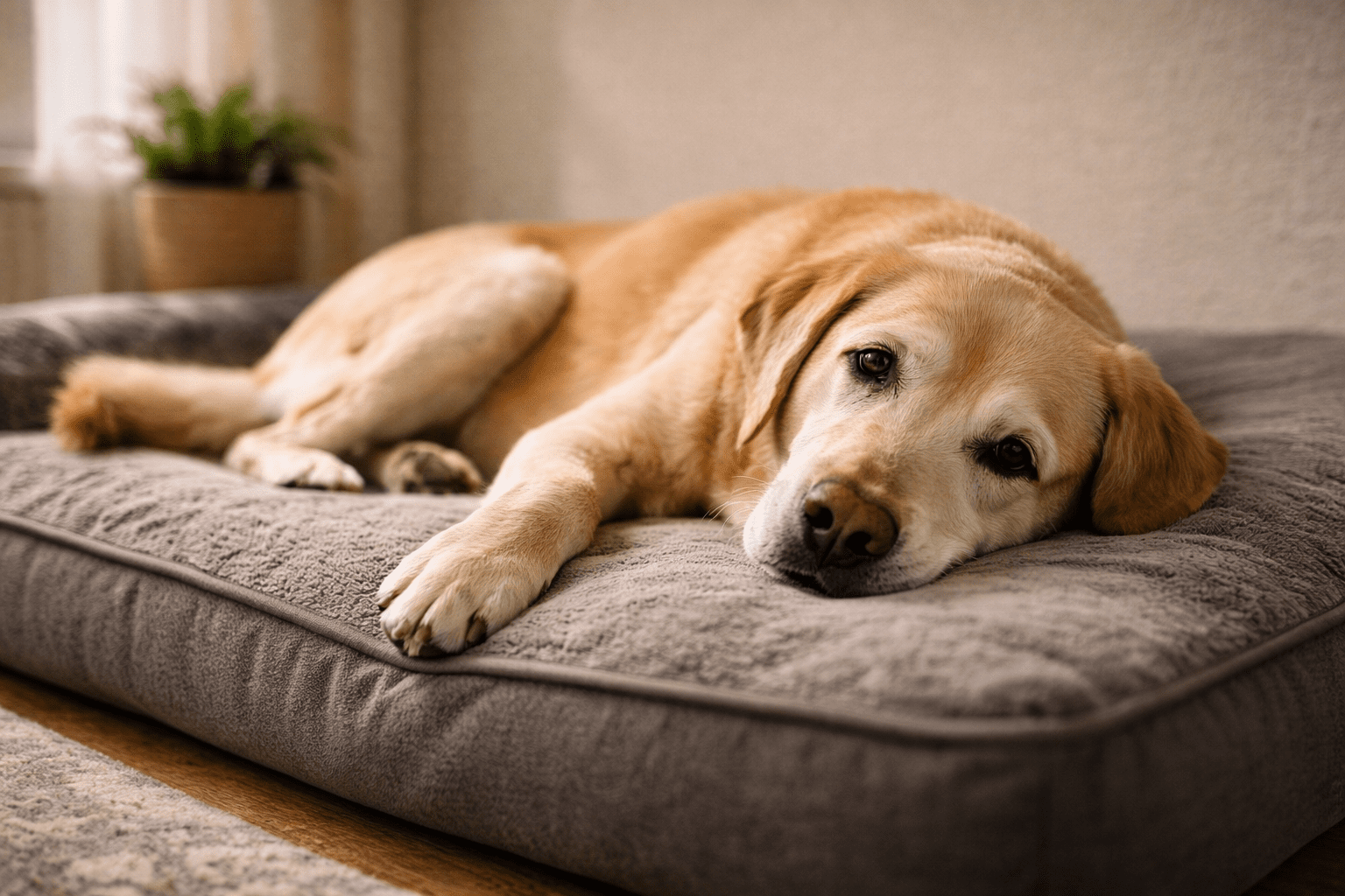 Why Is My Dog Whining? Understanding and Addressing This Common Behavior 2 A golden Labrador retriever lies comfortably on a large, gray dog bed indoors, looking relaxed and gazing gently toward the camera. A potted plant and soft natural light are visible in the background.