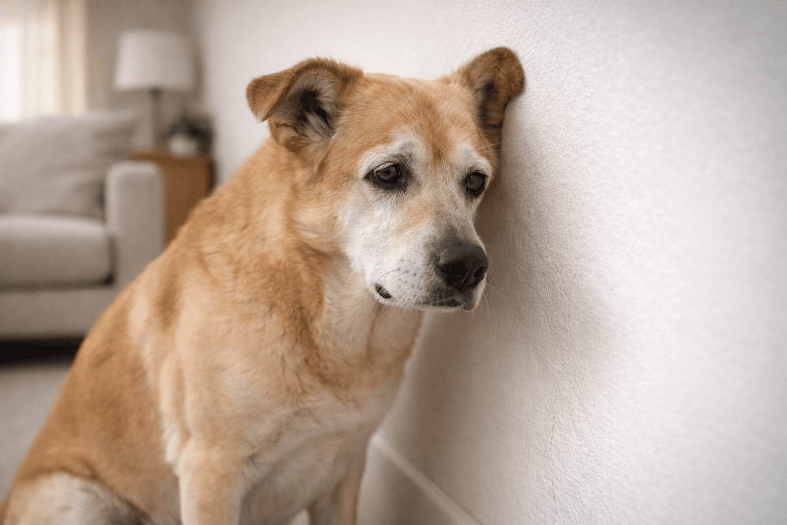 Why Do Dogs Stare at Walls? Understanding This Unusual Behavior 3 A brown and white dog with a sad expression sits indoors, leaning its head against a white wall. A beige couch and a lamp are visible in the softly lit background.