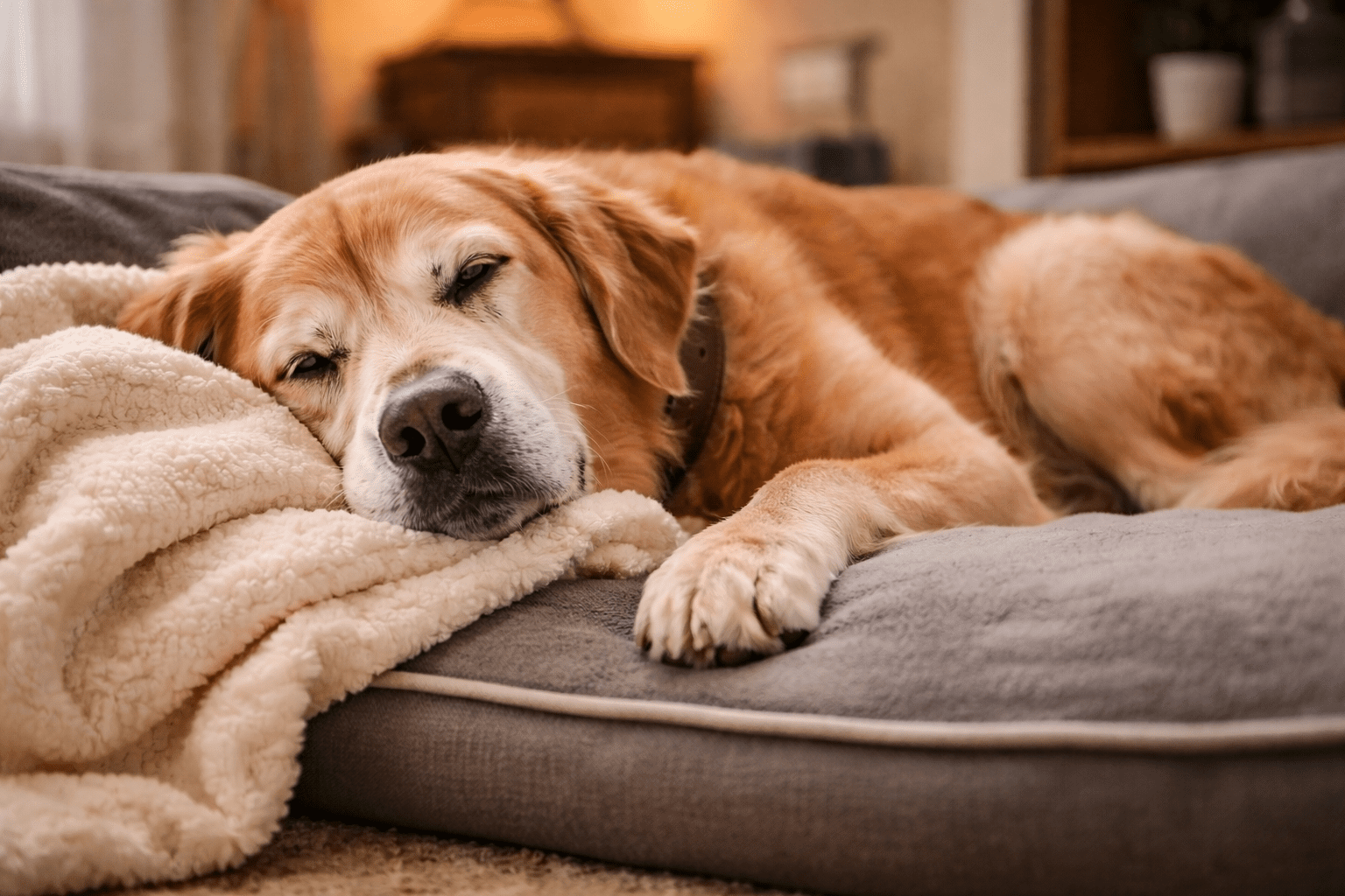 Why Do Dogs Shake? Understanding Your Dog's Body Language 1 A golden retriever dog is peacefully sleeping on a soft, gray dog bed, resting its head on a fluffy cream blanket in a cozy indoor setting.