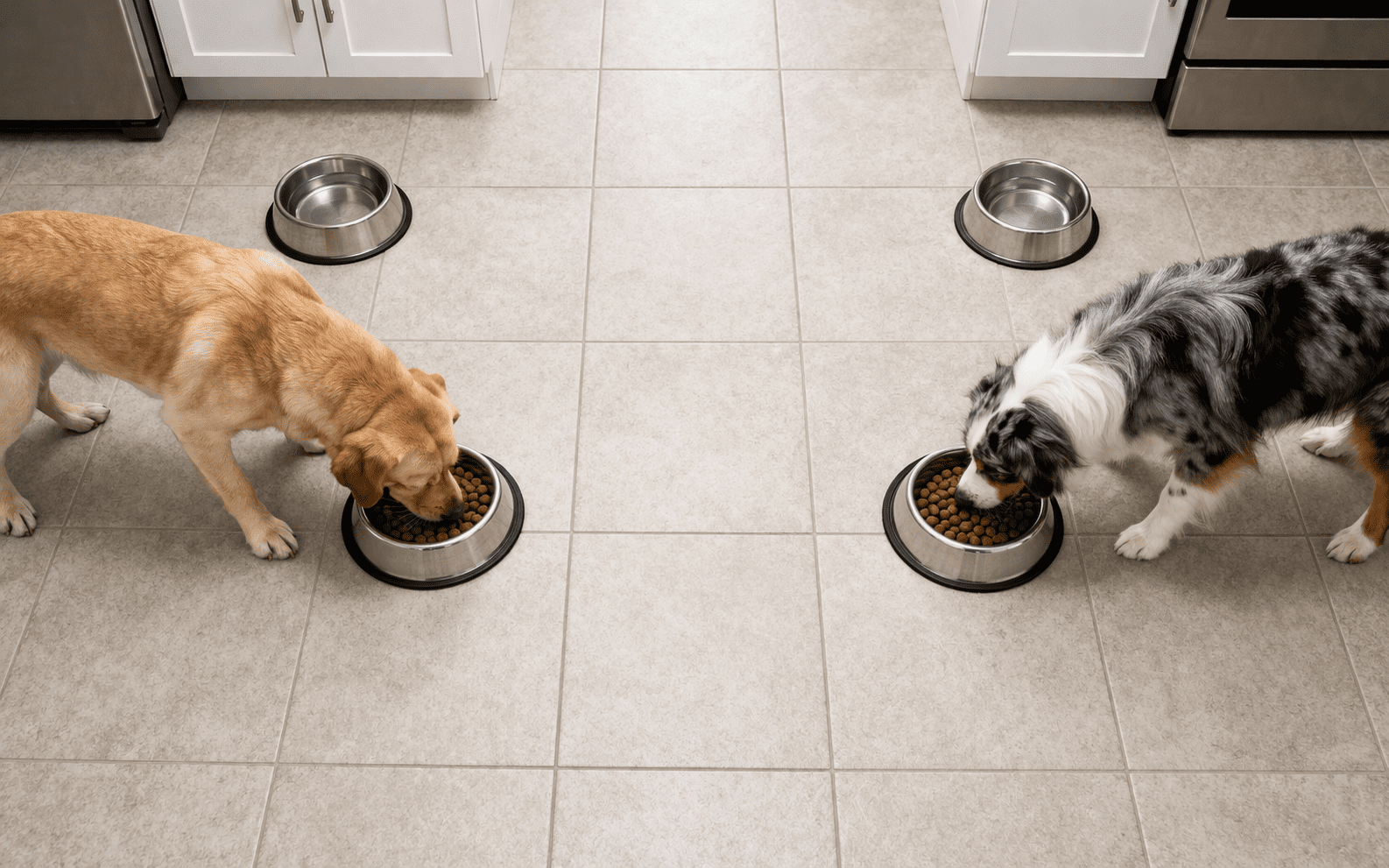 How to Introduce Dogs to Each Other: Complete Safety Guide 5 Two dogs eating from separate food bowls placed at safe distance to prevent resource guarding
