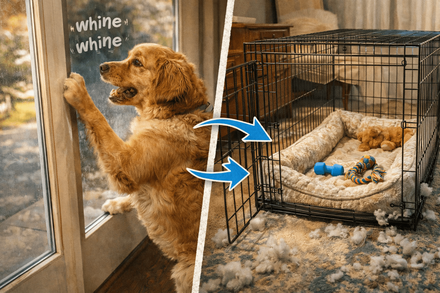 20 Common Dog Behavior Issues: Causes and How to Fix Them 2 A golden retriever whines at a glass door on the left. On the right, an empty crate with toys and shredded bedding is shown, suggesting the dog caused the mess while left alone. Blue arrows connect the dog to the crate.