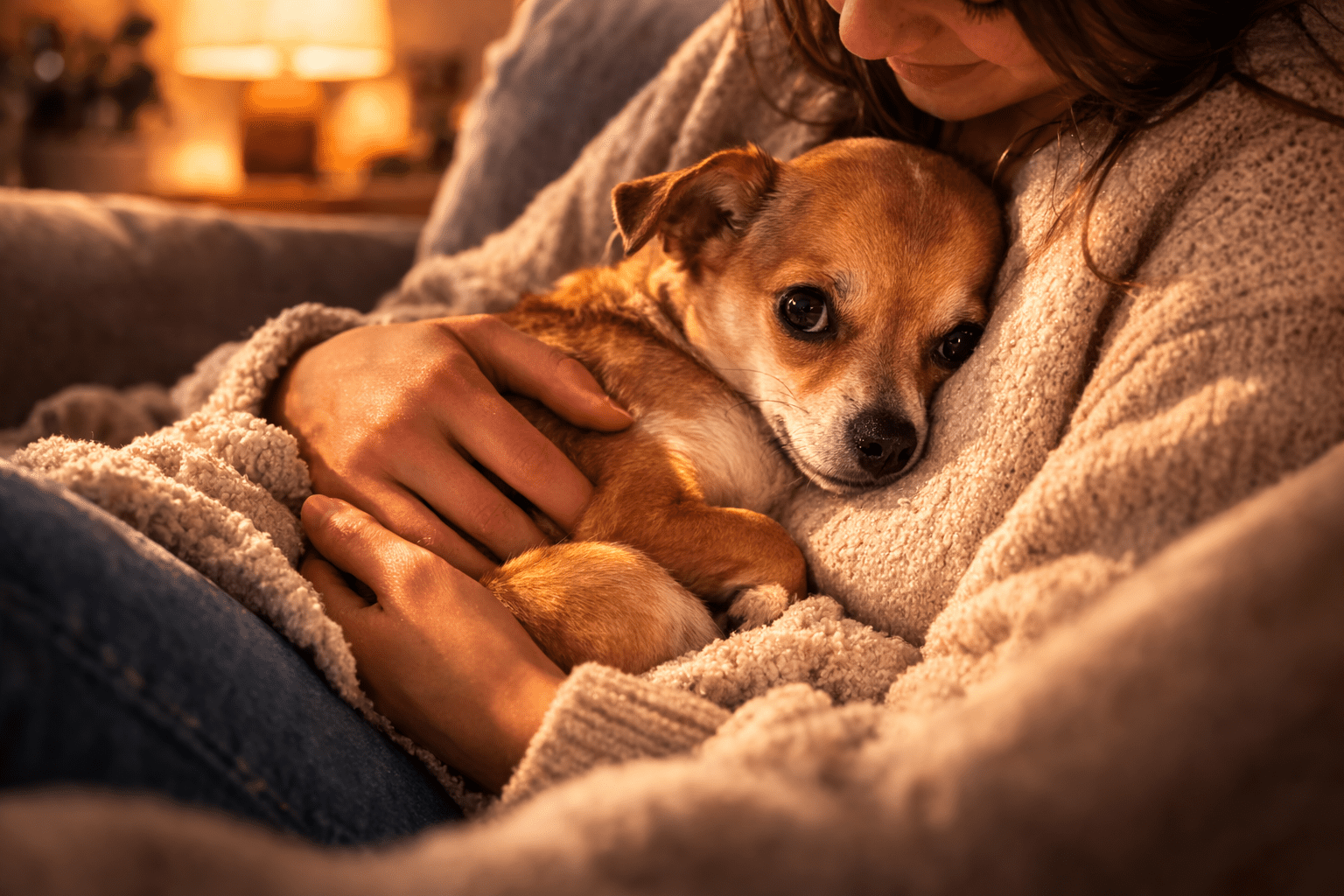 Why Does My Dog Sit On Me? Understanding Your Dog's Behavior 1 A small brown dog is cuddled in a woman's arms as she sits on a cozy couch, both wrapped in soft, beige sweaters. The warm lighting creates a comforting, peaceful atmosphere.