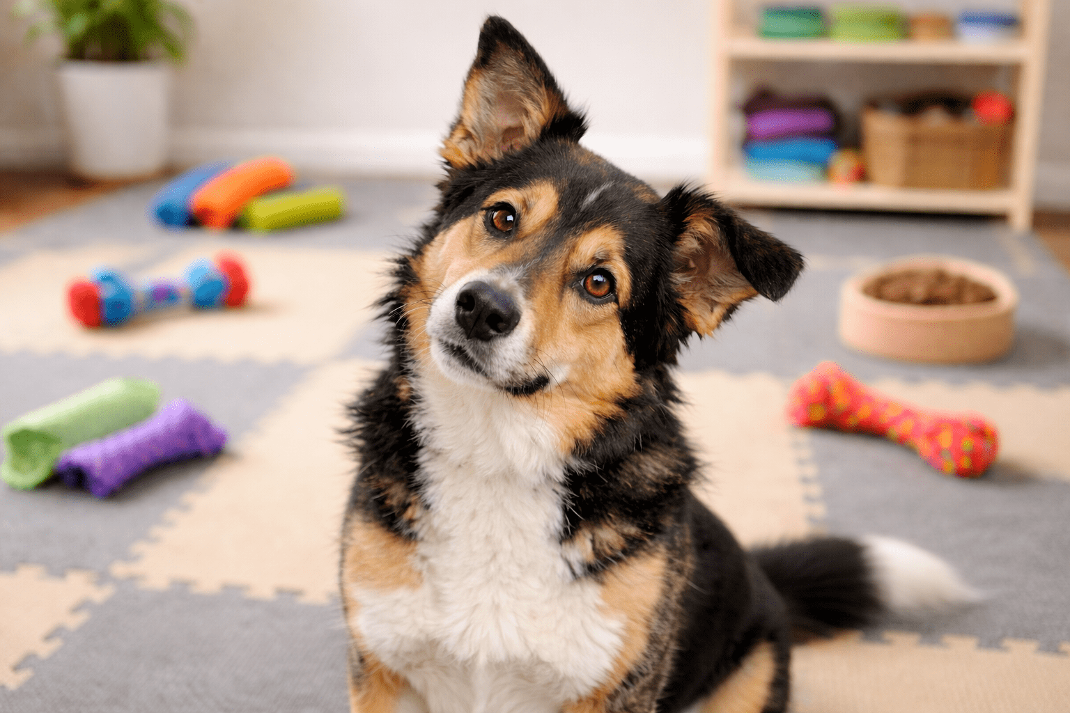 Why Do Dogs Tilt Their Heads: Understanding This Adorable Behavior 3 A black, brown, and white dog sits indoors on a puzzle mat, tilting its head. Colorful toys and a bowl of food are scattered in the background, creating a playful, cozy setting.