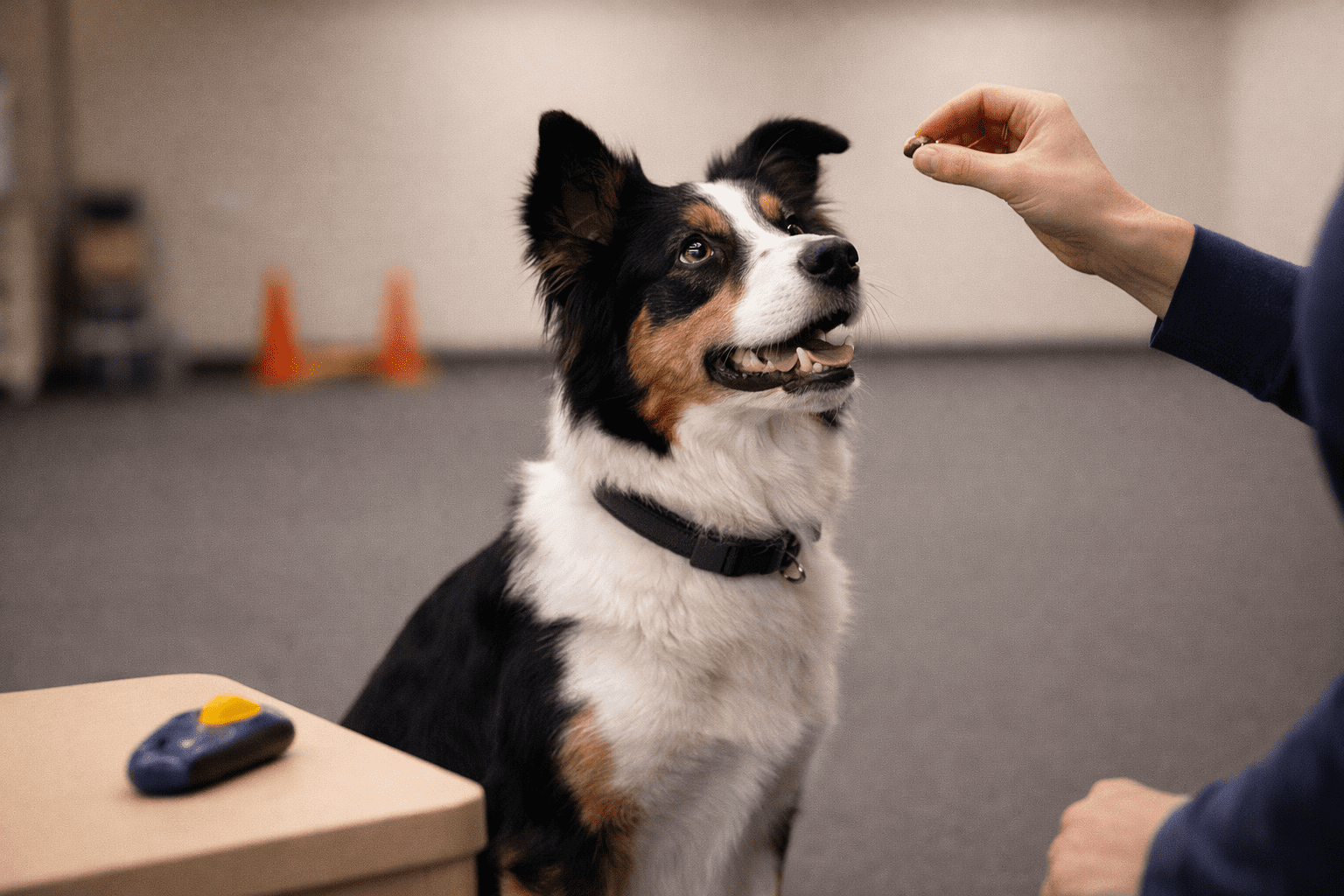 Do Dogs Hold Grudges? Understanding Your Dog's Memory and Emotions 2 A black, white, and brown dog sits attentively indoors, looking up at a person holding a treat above its head. Training equipment and orange cones are visible in the background.