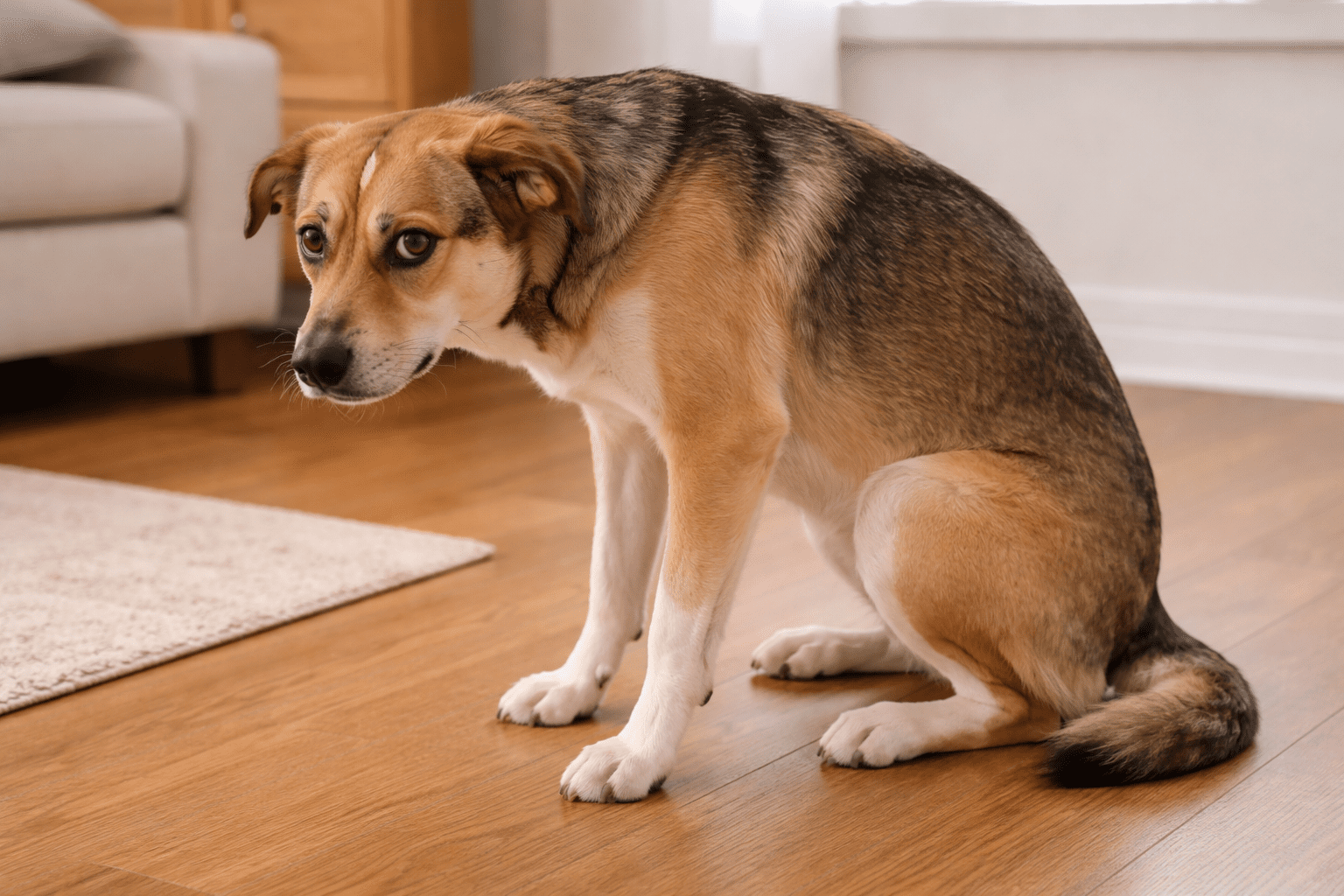 Rescue Dog Adjusting to New Home: Timeline, Tips & What to Expect 2 A medium-sized, brown and white dog sits on a wooden floor indoors, looking up with a worried expression. The background includes a beige rug, a couch, and a window with white curtains.