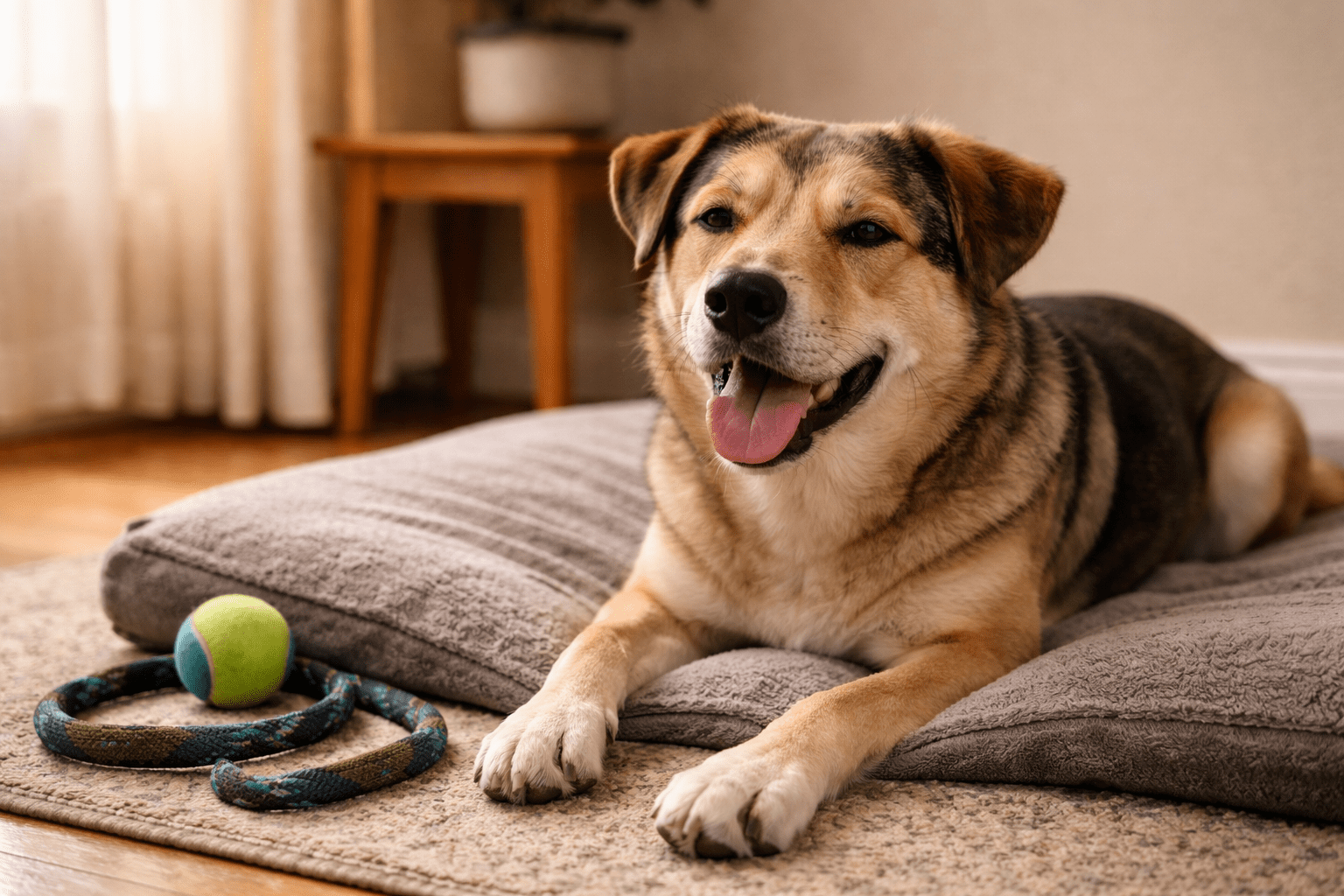 How to Crate Train a Rescue Dog 5 A happy dog with tan and black fur lies on a gray dog bed indoors, next to a tennis ball and two rope toys, with sunlight streaming through a window in the background.