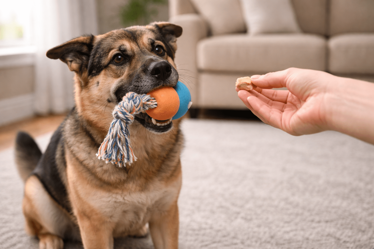 Possessive Aggression in Dogs: What It Is and How to Fix It 5 Dog participating in trade-up training exercise to overcome possessive aggression with toys