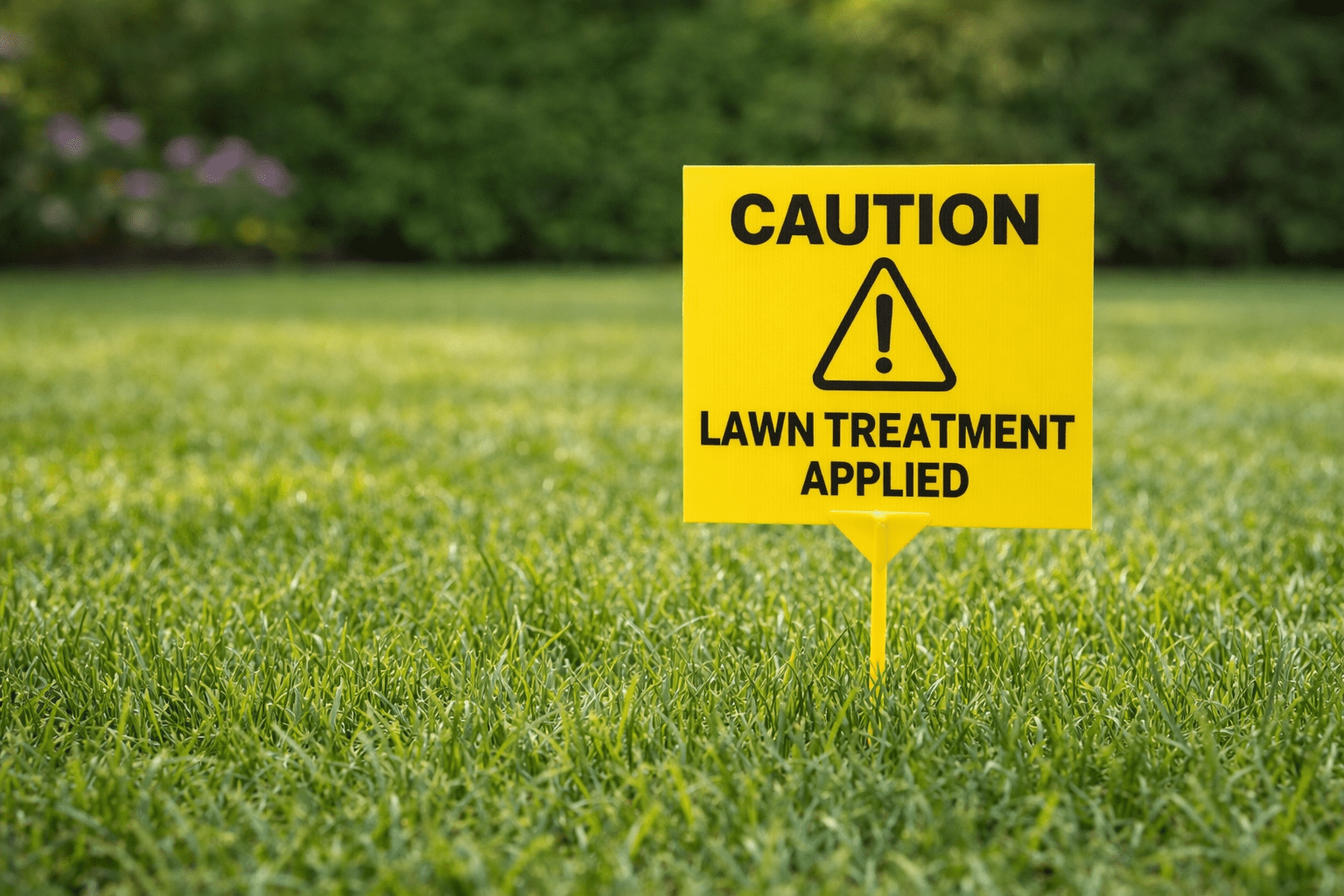 Why Do Dogs Eat Grass? 4 A yellow sign on a green lawn reads "CAUTION: LAWN TREATMENT APPLIED" with an exclamation mark inside a triangle, warning people to be careful on the treated grass.