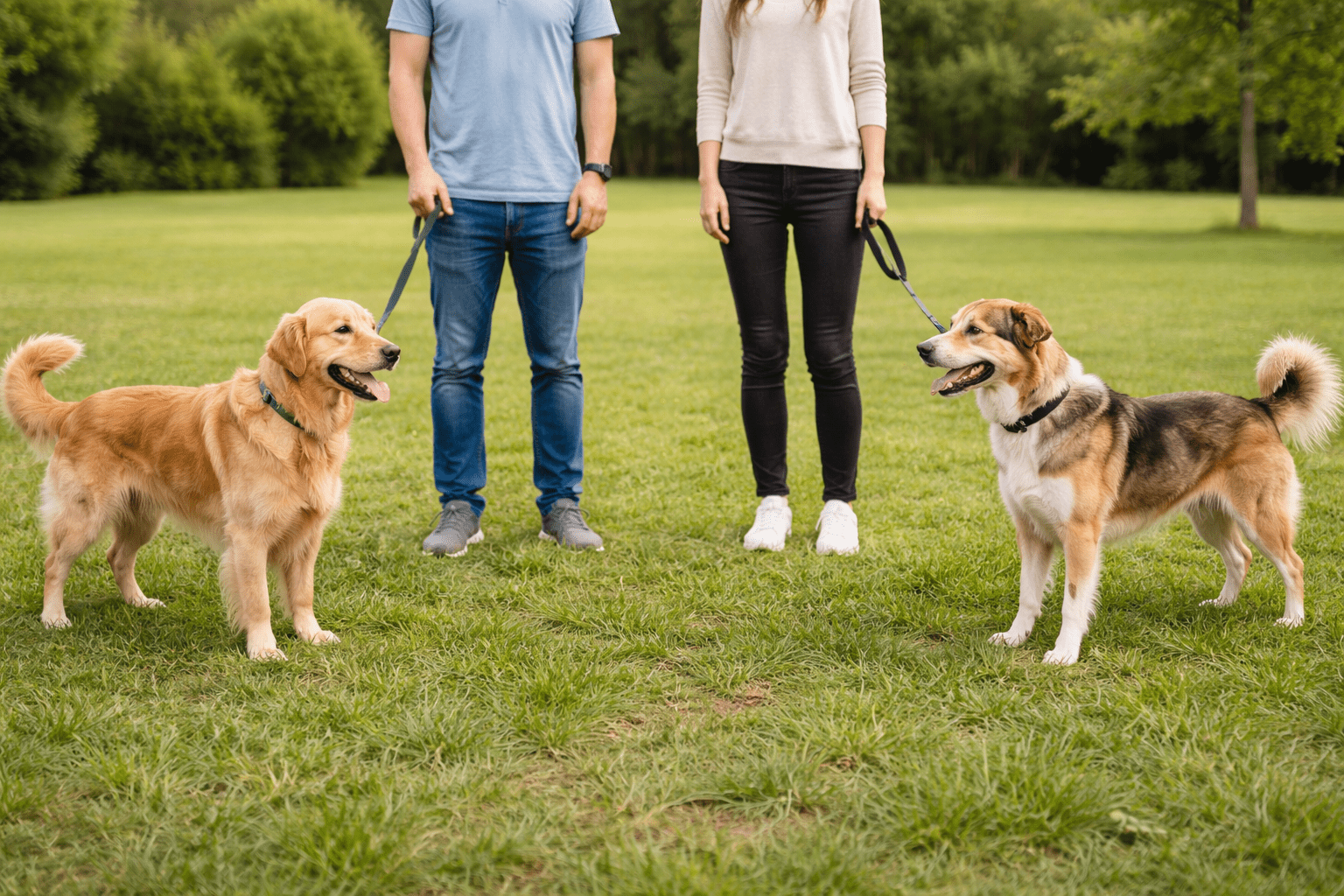 Two dogs on leashes meeting each other in a neutral park setting during controlled introduction
